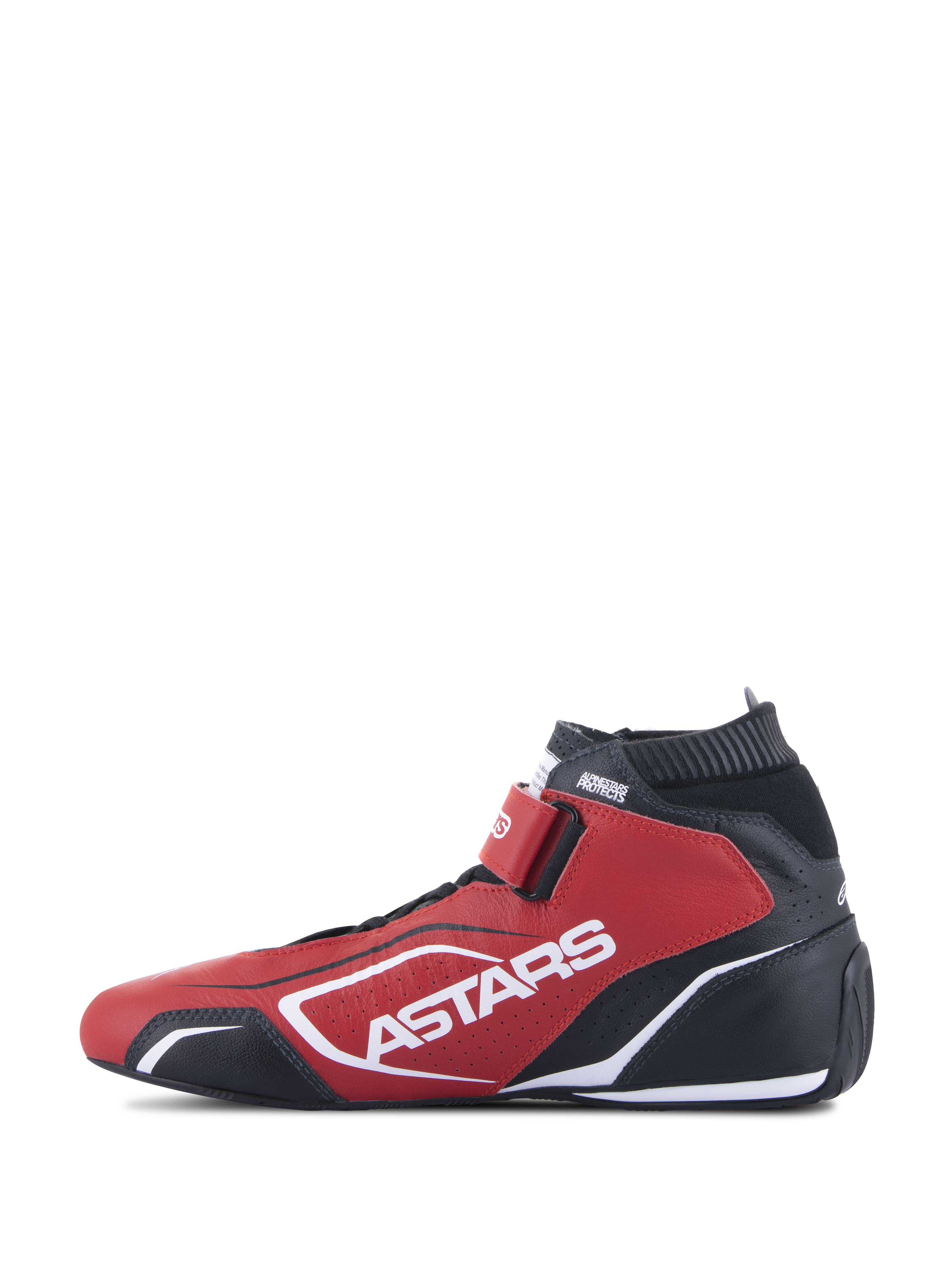 Alpinestars Tech-1 T V3 Shoes FIA, Auto Racing Shoes, Red Black and White, side profile view featuring bold white ASTARS branding, hook-and-loop closure strap, and fireproof elastic collar, professional motorsport footwear with bovine leather construction.