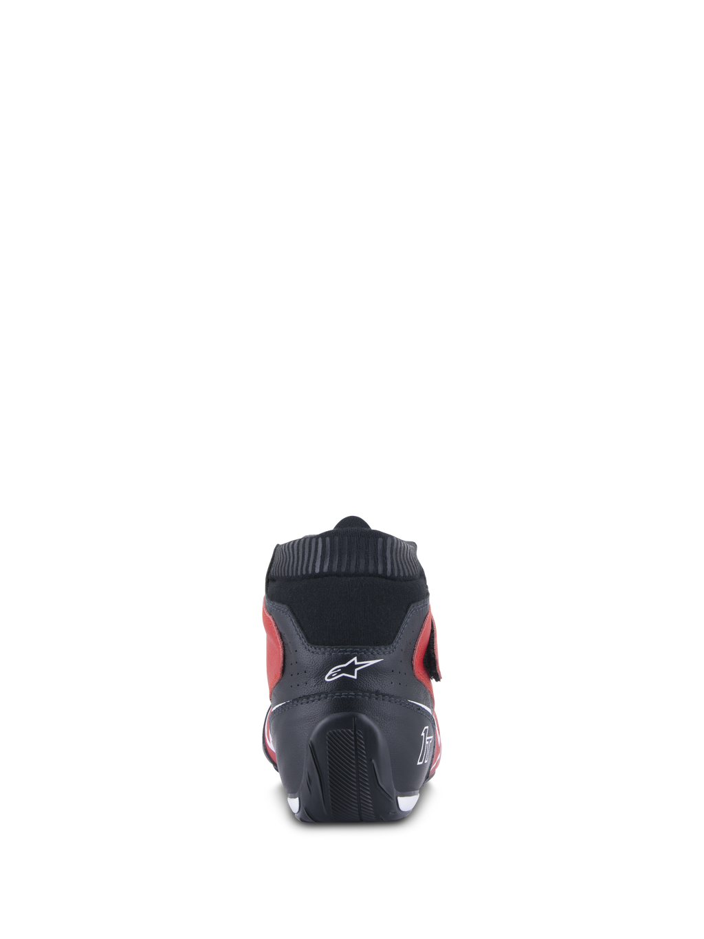 Alpinestars Tech-1 T V3 Shoes FIA, Auto Racing Shoes, Red Black White, rear view featuring a black leather heel with a white logo, ribbed collar, and red side panels, highlighting the ergonomic design for motorsport performance.
