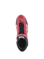 Alpinestars Tech-1 T V3 Shoes FIA, Auto Racing Shoe, Red Black and White, top-down view showing red bovine leather upper with black laces and adjustable strap, featuring white logos and a slim profile for competitive driving.