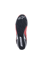 Alpinestars Tech-1 T V3 Shoes FIA, Auto Racing Shoes, Red Black and White, bottom view of the black rubber sole featuring an asymmetric tire tread pattern and white Alpinestars branding