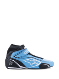 Alpinestars Tech-1 T V3 Shoes FIA, high-top auto racing shoe, light blue and black with white accents, side view featuring a Velcro strap, white star logo, perforated leather construction, and a thin performance outsole