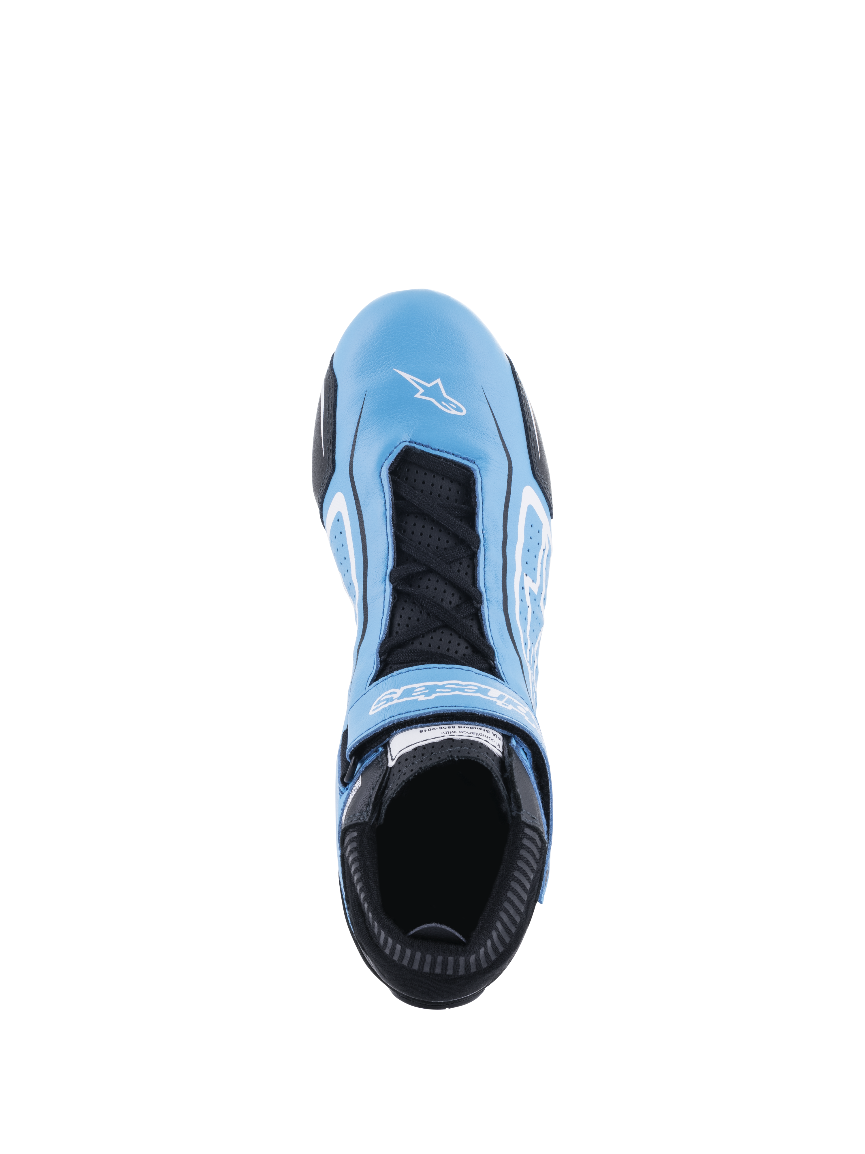 Alpinestars Tech-1 T V3 Shoes FIA, Auto Racing Shoes, Light Blue Black and White, top-down view showing full bovine leather construction, black laces with hook and loop strap, white Alpinestars logo on the toe, and perforated tongue for breathability