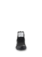 Alpinestars Supertech Shoes, Auto Racing Footwear, Black, front view showing the aramidic knitted upper, white FIA certification label on the tongue, and small white Astars logo on the toe, professional motorsport design