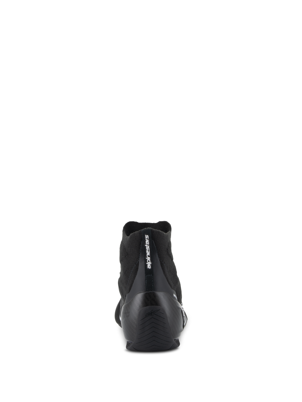 Alpinestars Supertech Shoes - FIA/SFI, Auto Racing Shoes, Black, Rear view featuring carbon fiber heel cup and knitted upper, vertical Alpinestars branding on heel, professional motorsport gear
