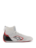 Alpinestars Supertech Shoes, FIA/SFI certified auto racing footwear, White with Red and Black accents, featuring a knitted upper, carbon fiber heel cup, and red outsole, sleek high-top design for professional motorsport