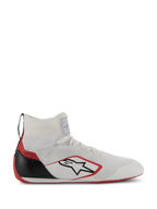 Alpinestars Supertech Shoes, FIA/SFI certified auto racing footwear, White with Red and Black accents, featuring a knitted upper, carbon fiber heel cup, and red outsole, sleek high-top design for professional motorsport