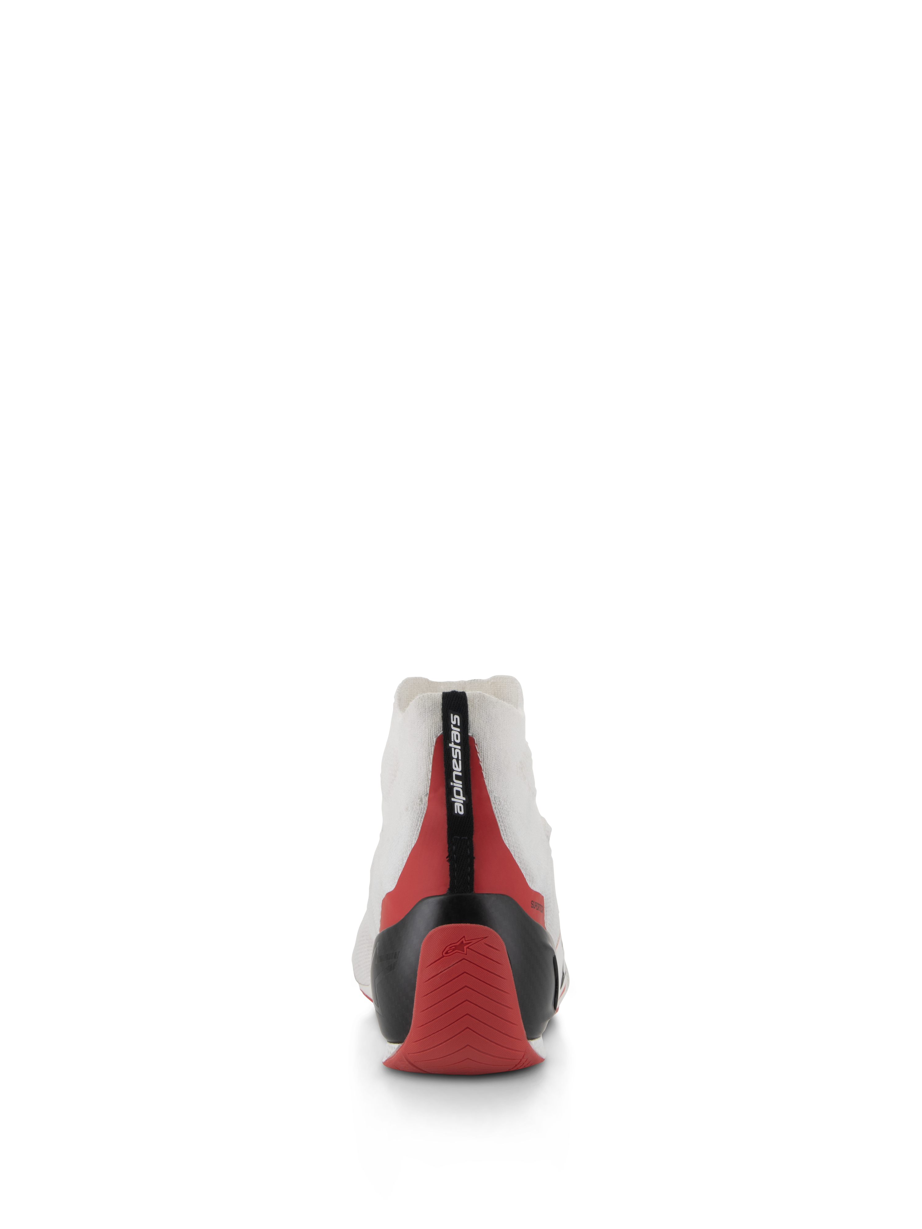 Alpinestars Supertech Shoes, Rear view of white racing shoe with red and black accents, featuring a thermo-formed carbon heel cup and white knitted upper, professional motorsport footwear designed for driver comfort and stability