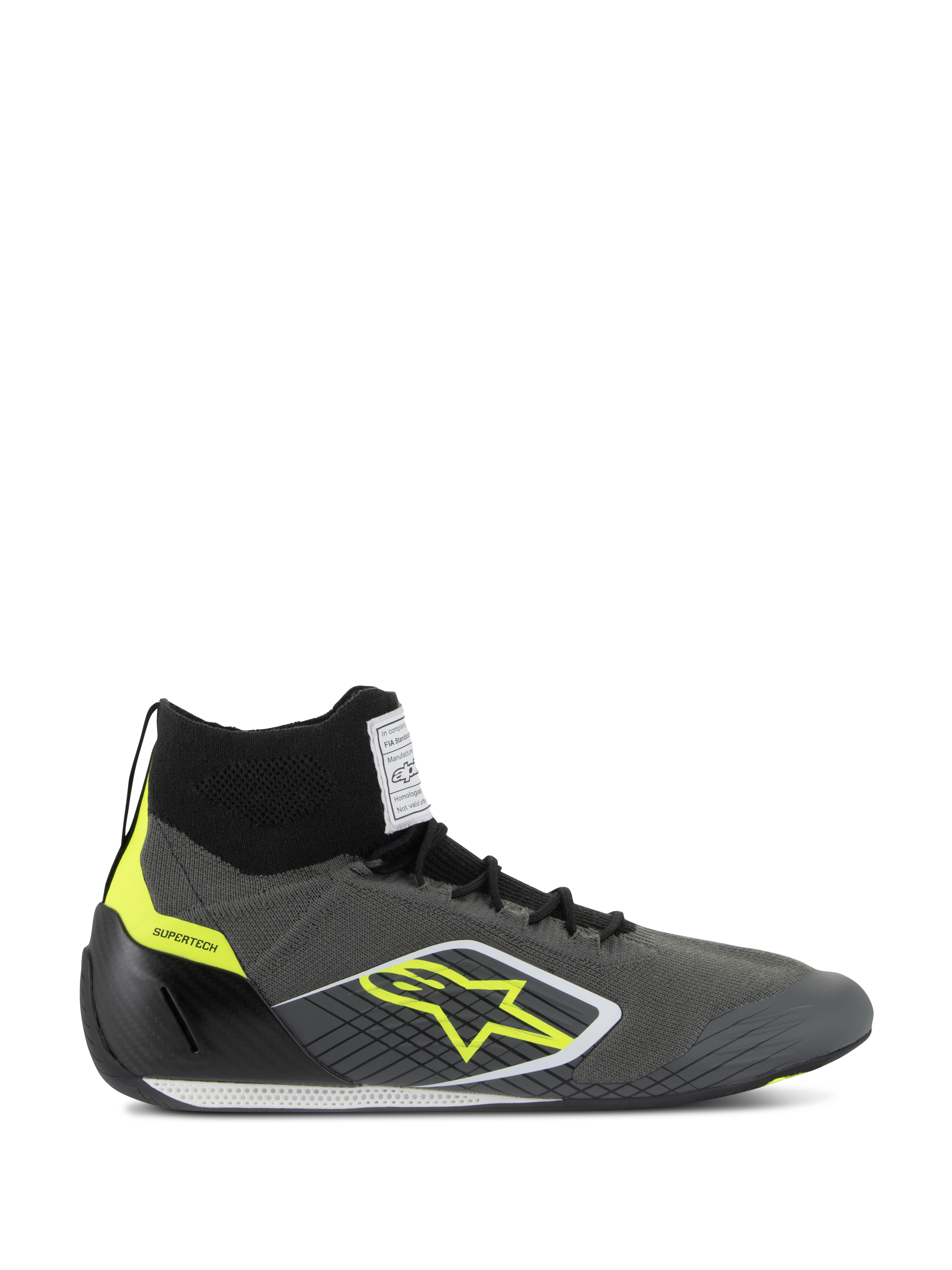 Alpinestars Supertech Shoes FIA/SFI, professional high-top racing shoes, Cool Gray and Black with Yellow Fluo accents, featuring a knitted aramid upper, carbon fiber heel cup, yellow star logo, and white and black thin sole, motorsport certified footwear