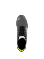 Alpinestars Supertech Shoes, Auto Racing Shoes, Cool Gray Black and Yellow Fluo, top-down view showing knitted upper, black laces, and FIA certification label on the tongue, professional driving footwear