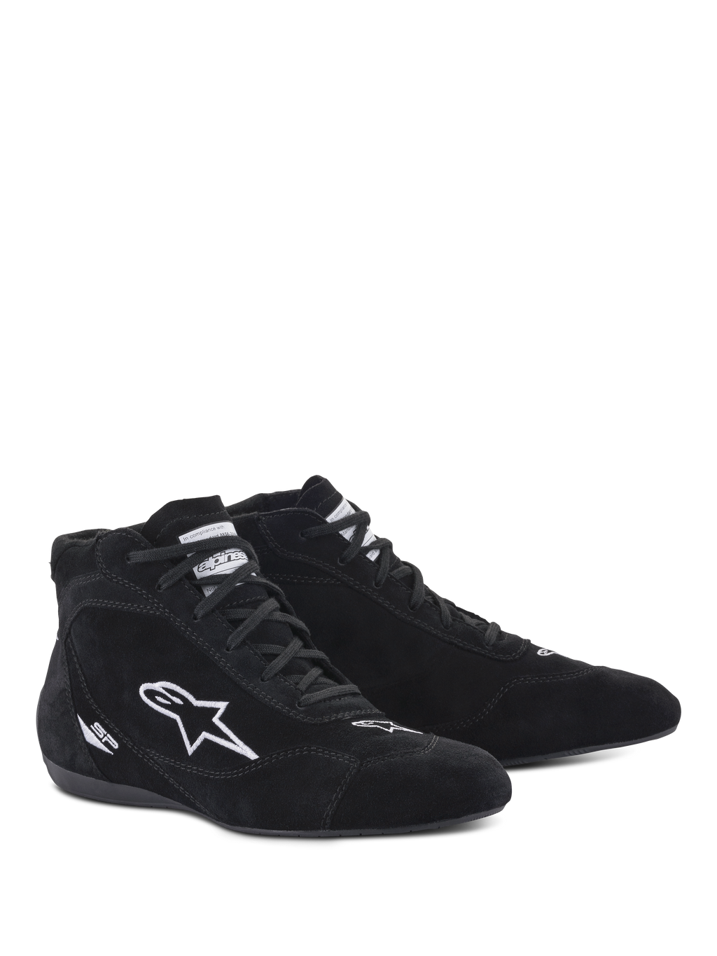Alpinestars SP V2-sko, auto-racer-sko, sort, high-top ruskindskonstruktion med hvidt broderet stjerne-logo og SP-branding, tynd F1-specifikationssål for præcis pedalfornemmelse, professionelt fodtøj til motorsport