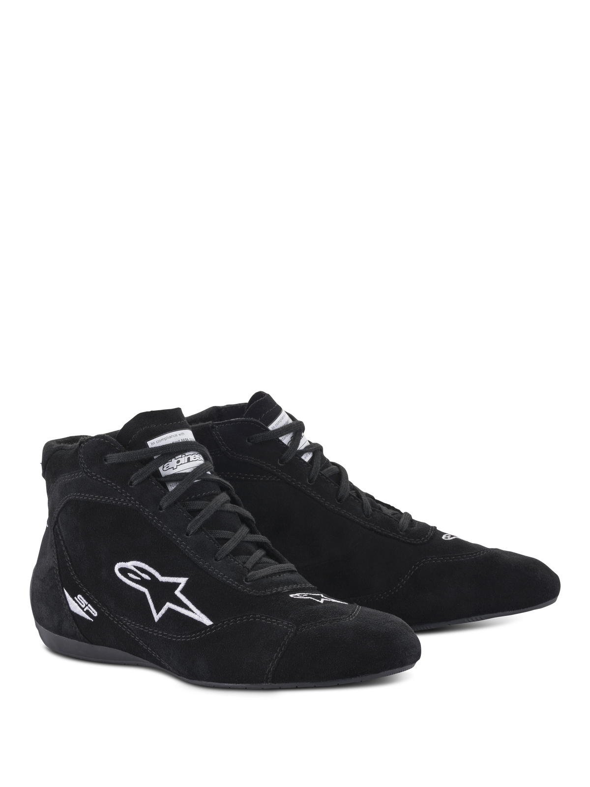 Alpinestars SP V2-sko, auto-racer-sko, sort, high-top ruskindskonstruktion med hvidt broderet stjerne-logo og SP-branding, tynd F1-specifikationssål for præcis pedalfornemmelse, professionelt fodtøj til motorsport
