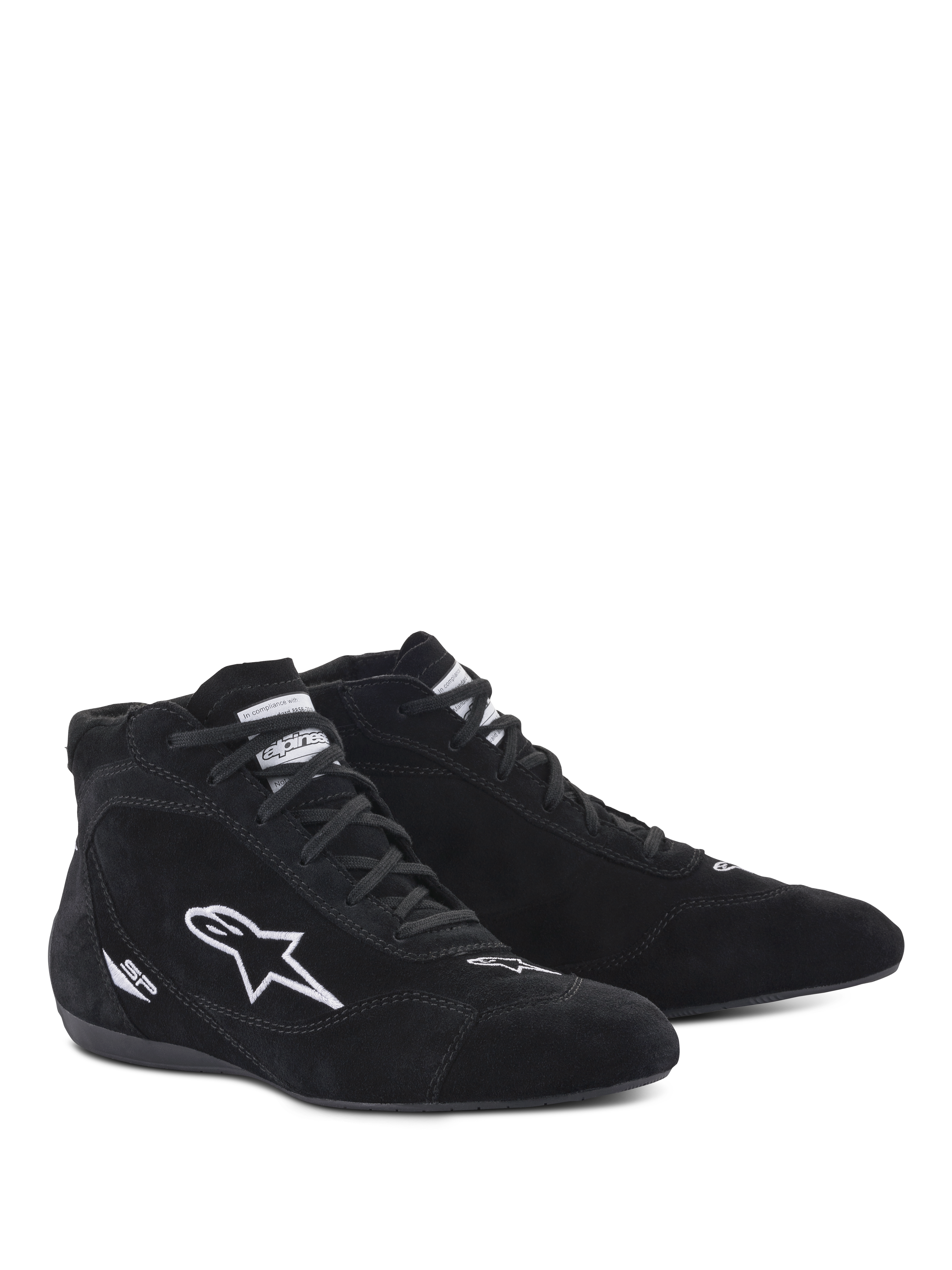Alpinestars SP V2-sko, auto-racer-sko, sort, high-top ruskindskonstruktion med hvidt broderet stjerne-logo og SP-branding, tynd F1-specifikationssål for præcis pedalfornemmelse, professionelt fodtøj til motorsport