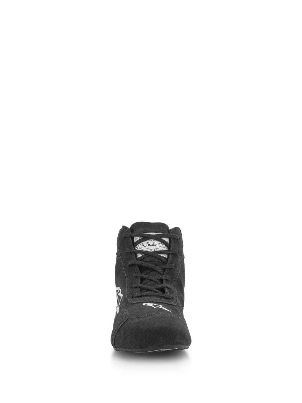 Alpinestars SP V2 sko, auto-køresko, sort, set forfra med overdel i premium ruskind, asymmetrisk snøresystem, hvidt Alpinestars-logo på tåen, professionelt motorsportfodtøj