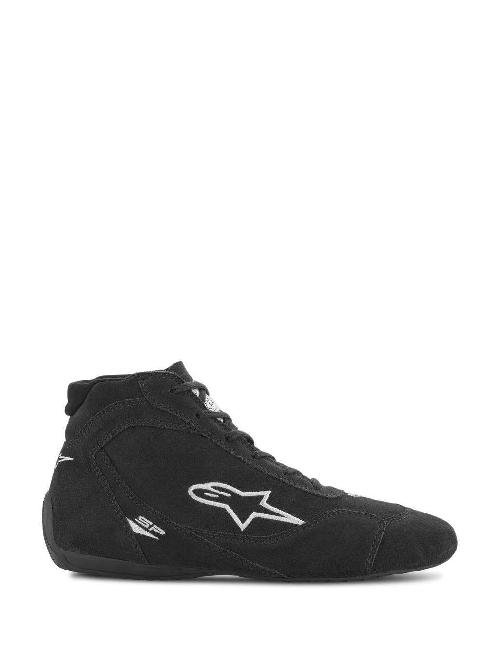Alpinestars SP V2 sko, auto racing fodtøj, sort ruskind med hvidt Alpinestars stjerne-logo, højhalset profil, snørebinding, ultra-tynd racingsål, strømlinet motorsport-design