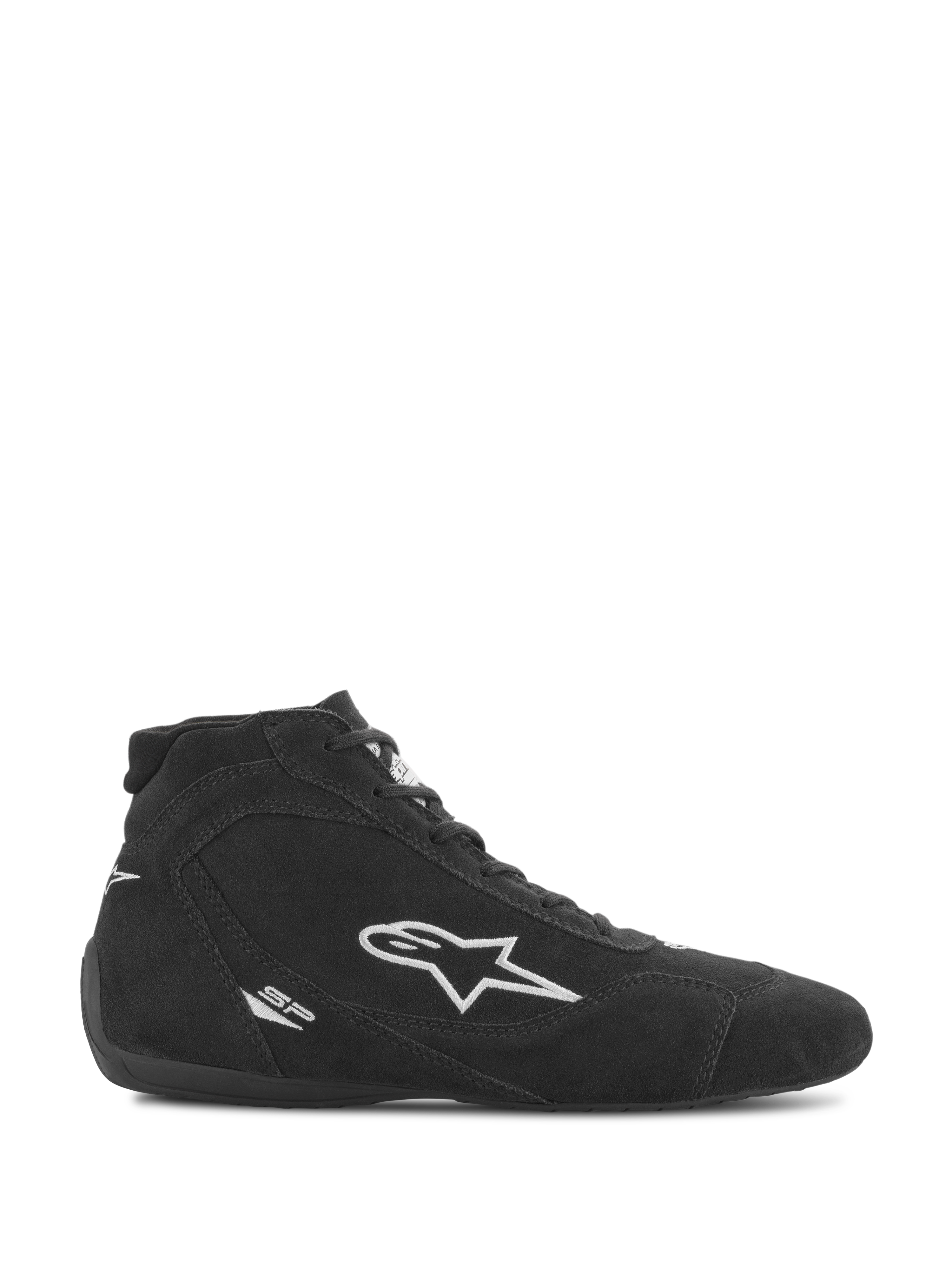 Alpinestars SP V2 sko, auto racing fodtøj, sort ruskind med hvidt Alpinestars stjerne-logo, højhalset profil, snørebinding, ultra-tynd racingsål, strømlinet motorsport-design