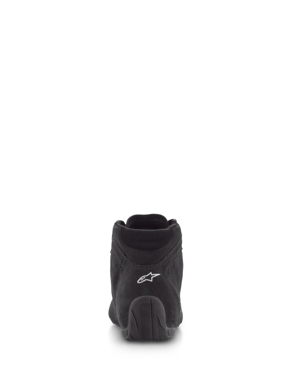 Alpinestars SP V2 sko, auto køresko, sort, set bagfra med overdel i premium ruskind, hvidt logo på hælen og tekstureret gummisål, professionelt motorsport-fodtøj