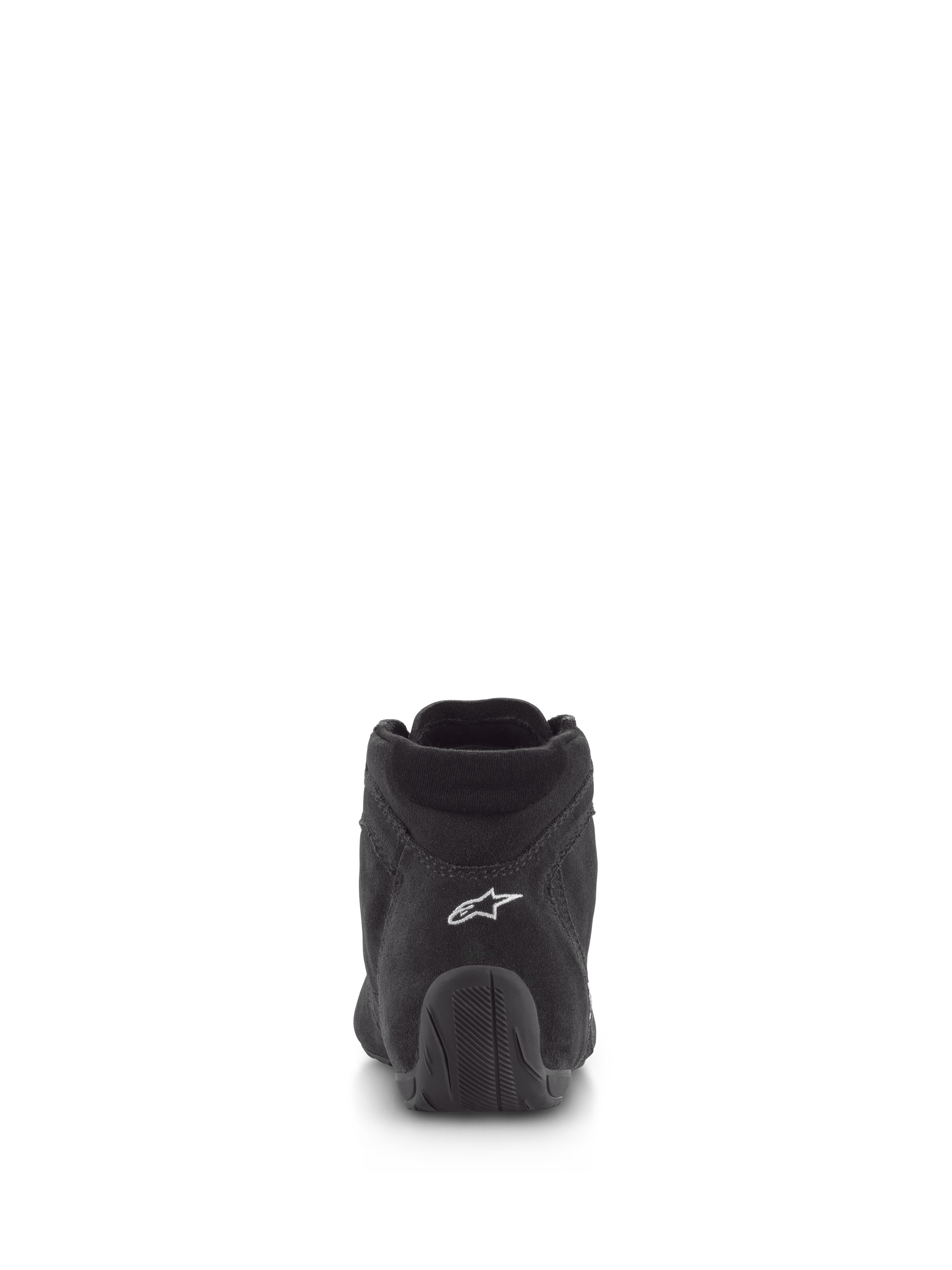 Alpinestars SP V2 sko, auto køresko, sort, set bagfra med overdel i premium ruskind, hvidt logo på hælen og tekstureret gummisål, professionelt motorsport-fodtøj