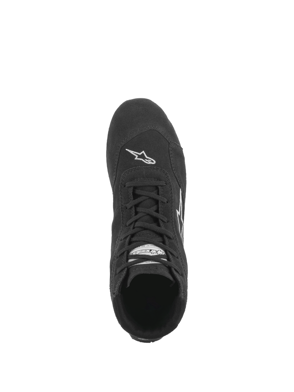 Alpinestars SP V2 sko, auto køresko, sort, set oppefra viser det asymmetriske snøresystem, premium ruskindskonstruktion og hvidt Astars-logo på tåen