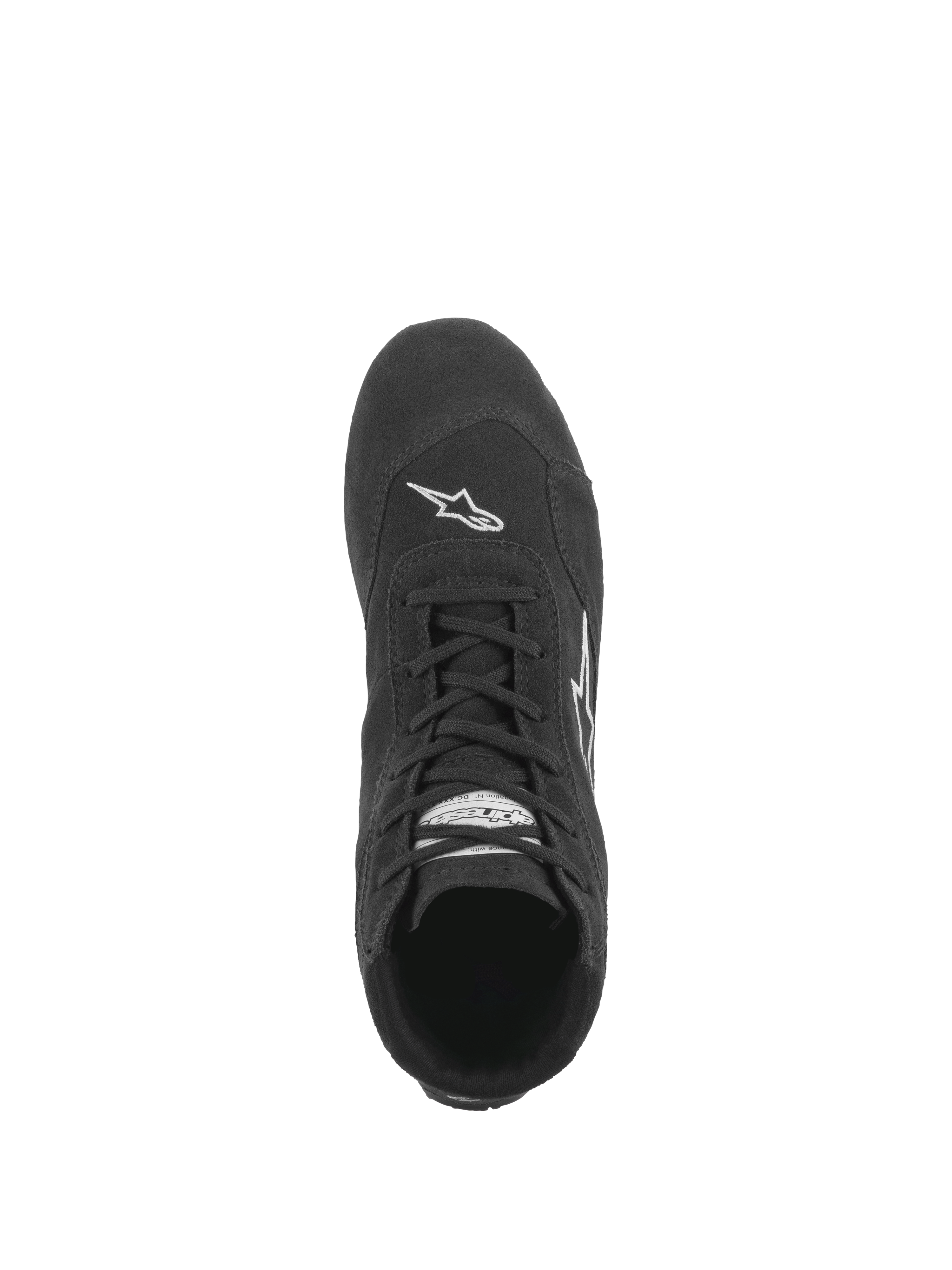 Alpinestars SP V2 sko, auto køresko, sort, set oppefra viser det asymmetriske snøresystem, premium ruskindskonstruktion og hvidt Astars-logo på tåen
