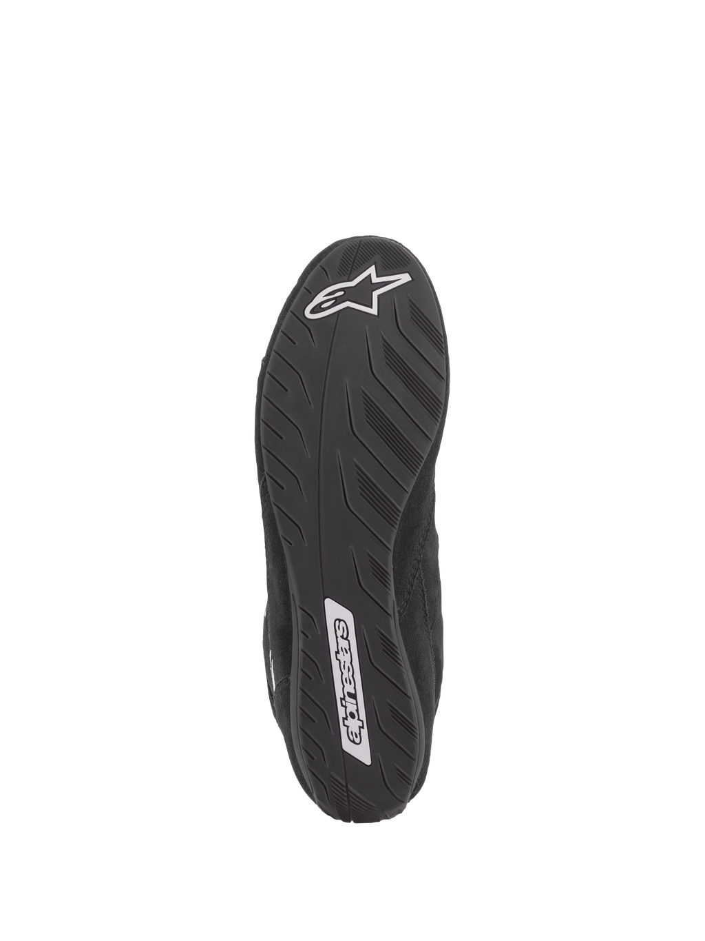 Alpinestars SP V2 sko, auto racer-sko, sort, bundvisning af den ultratynde Formel 1-specifikationssål, tekstureret greb for pedalfornemmelse, med hvide Alpinestars-logoer på hælen og midtfoden