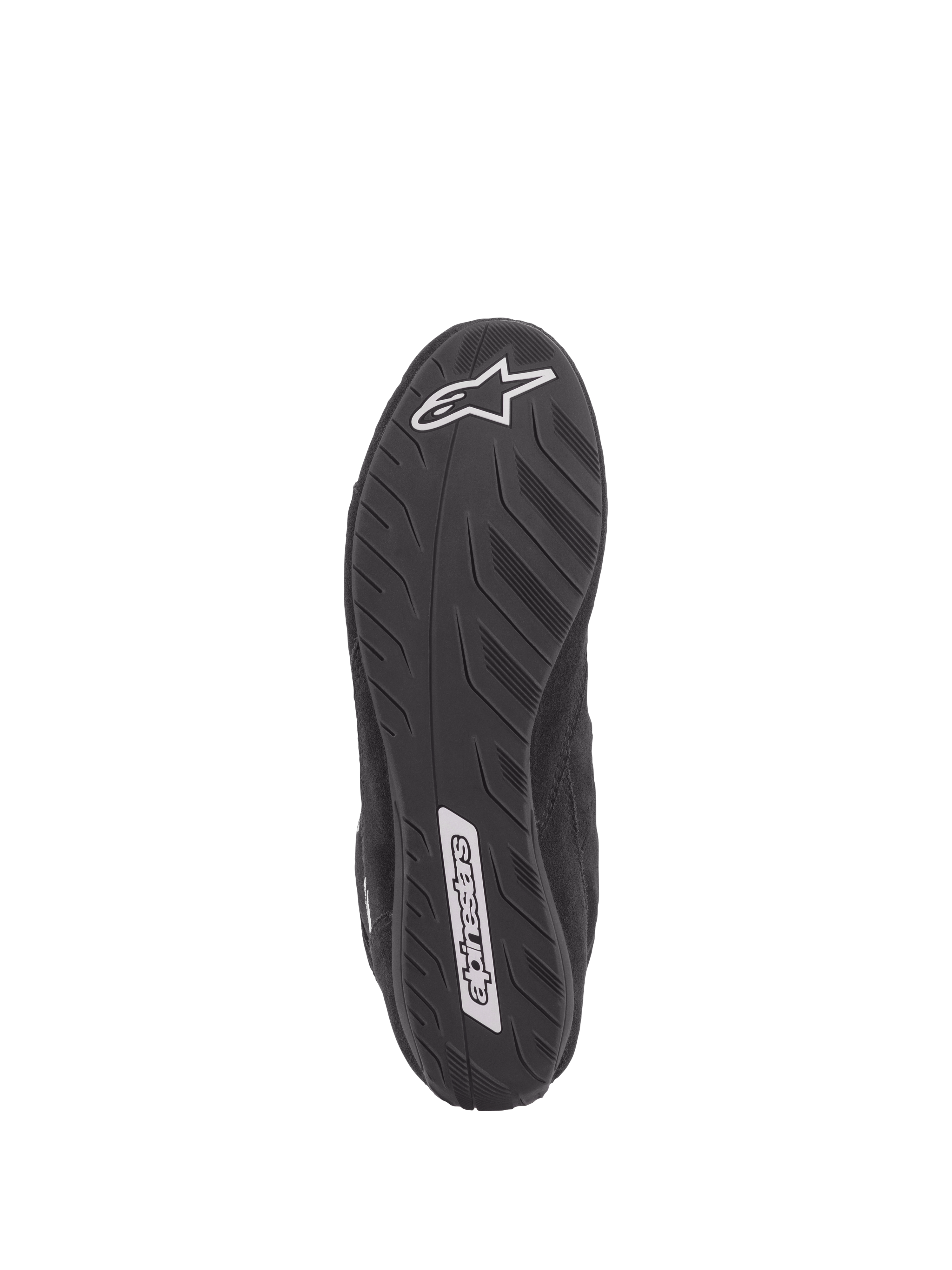 Alpinestars SP V2 sko, auto racer-sko, sort, bundvisning af den ultratynde Formel 1-specifikationssål, tekstureret greb for pedalfornemmelse, med hvide Alpinestars-logoer på hælen og midtfoden