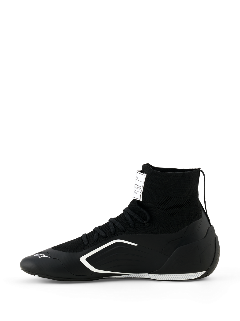 Alpinestars Supertech K Shoes - FIA, Karting Shoes, Black and White, side profile view, featuring a fully knitted high-top construction, white angular side graphics, and white logo on the toe, technical racing footwear
