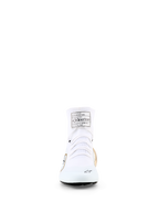 Alpinestars Supertech K Shoes - FIA, Karting Shoes, White Black and Gold, front view showing knitted textile upper, white laces, and FIA homologation label on the tongue, professional racing footwear