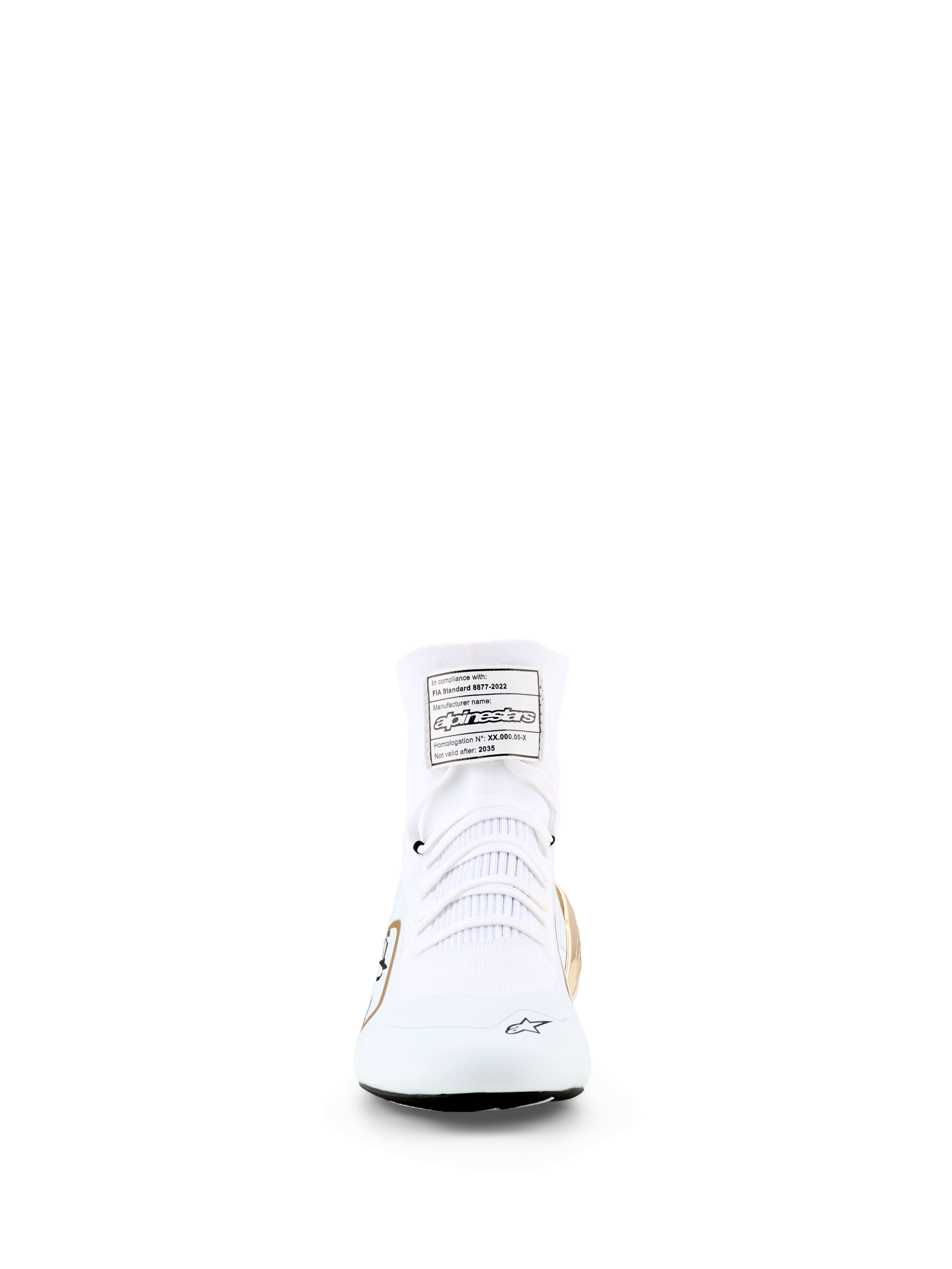Alpinestars Supertech K Shoes - FIA, Karting Shoes, White Black and Gold, front view showing knitted textile upper, white laces, and FIA homologation label on the tongue, professional racing footwear