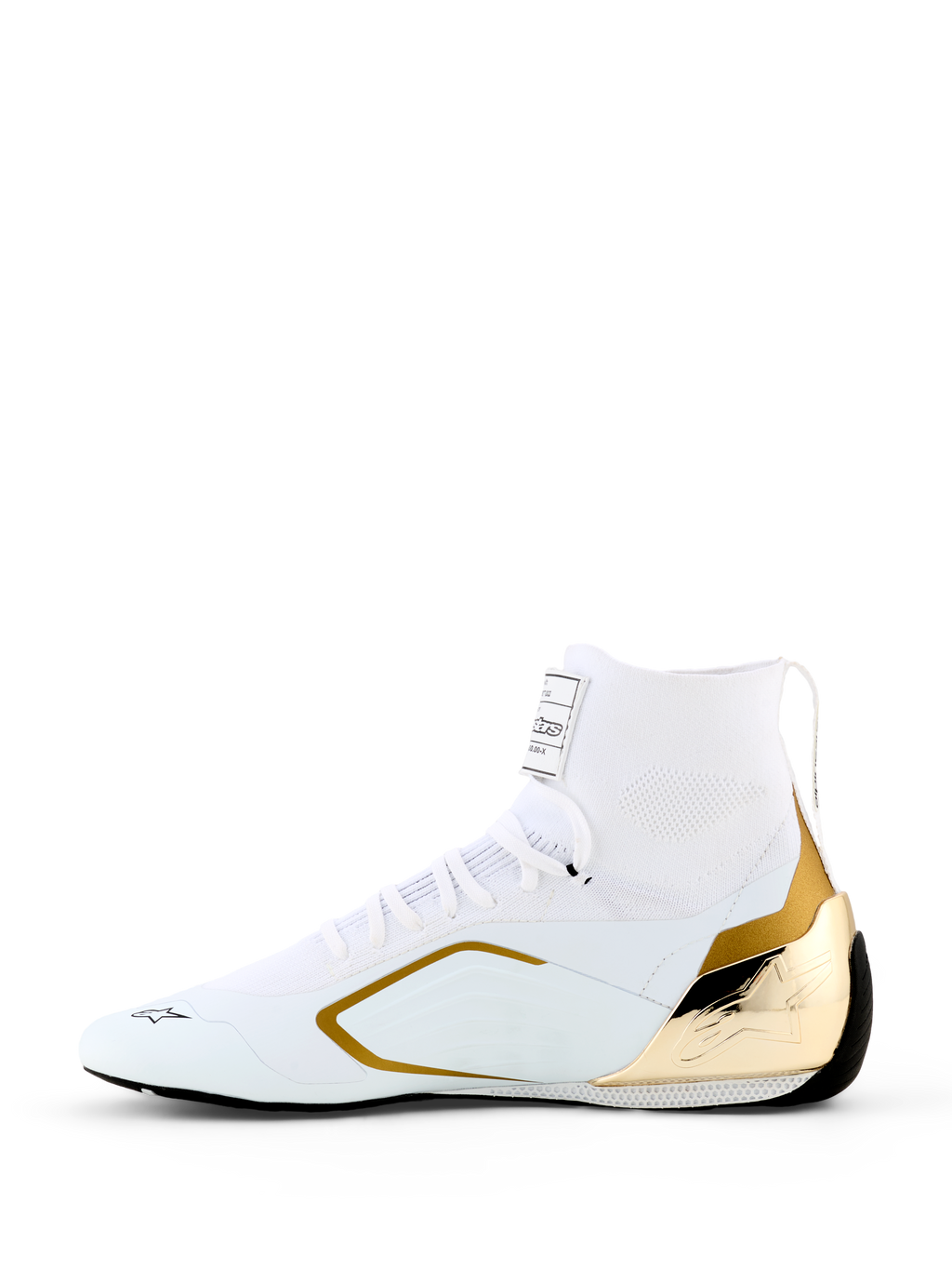 Alpinestars Supertech K Shoes - FIA, Karting Shoes, White and Gold, side profile featuring a white knitted upper with a metallic gold injected TPU heel counter and gold side accents, sleek racing design for professional motorsport