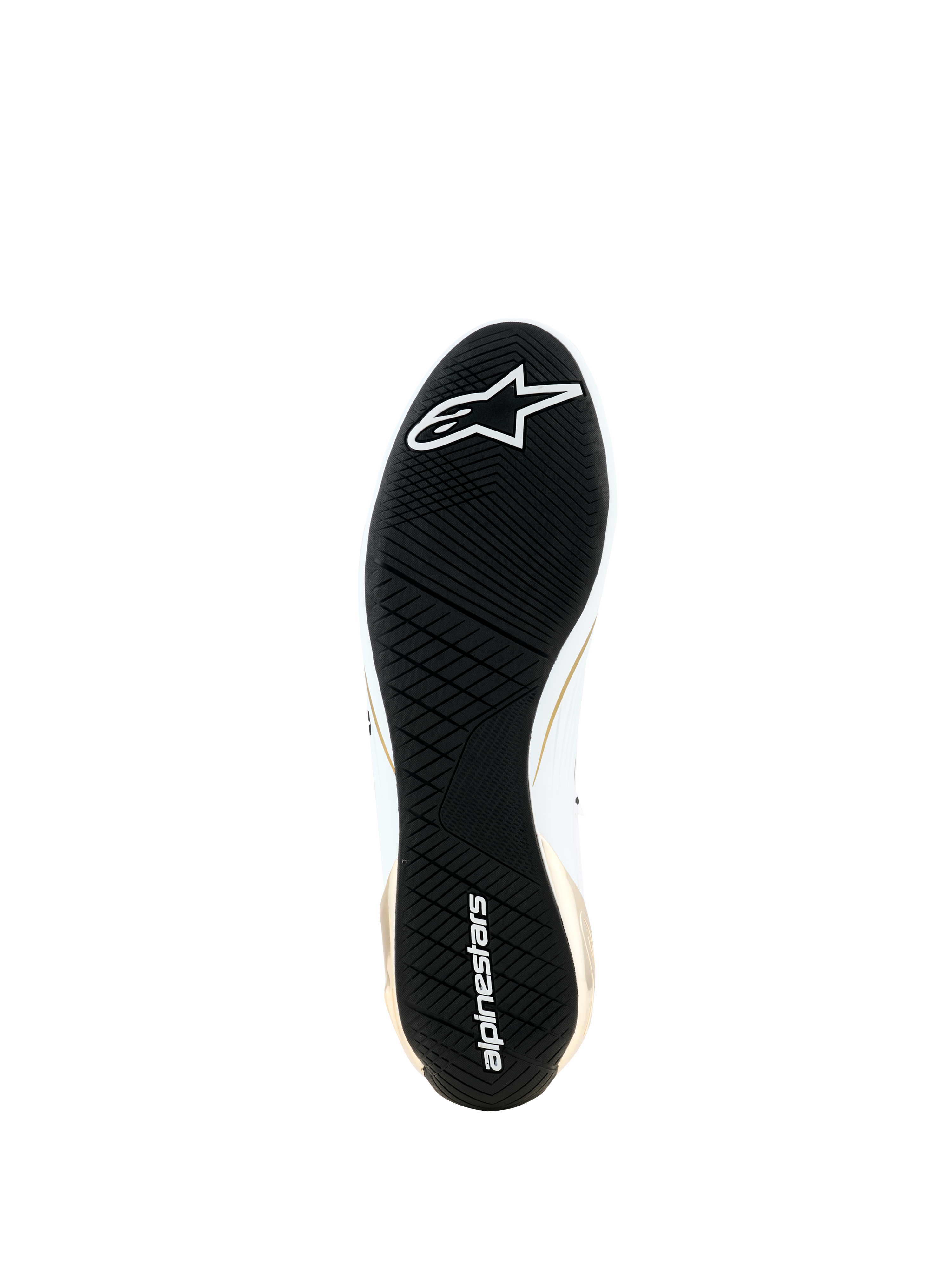 Alpinestars Supertech K Shoes - FIA, bottom view showing the black ultra-thin rubber outsole, asymmetric tread pattern for grip, white Alpinestars logo and wordmark, gold and white side accents, specialized karting footwear