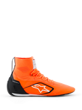 Alpinestars Supertech K-sko - FIA, karting-racersko, orange fluo med sorte og hvide detaljer, høj strikket konstruktion med hvidt stjernelogo, sort TPU-hælkappe, ultratynd racingsål, set fra siden