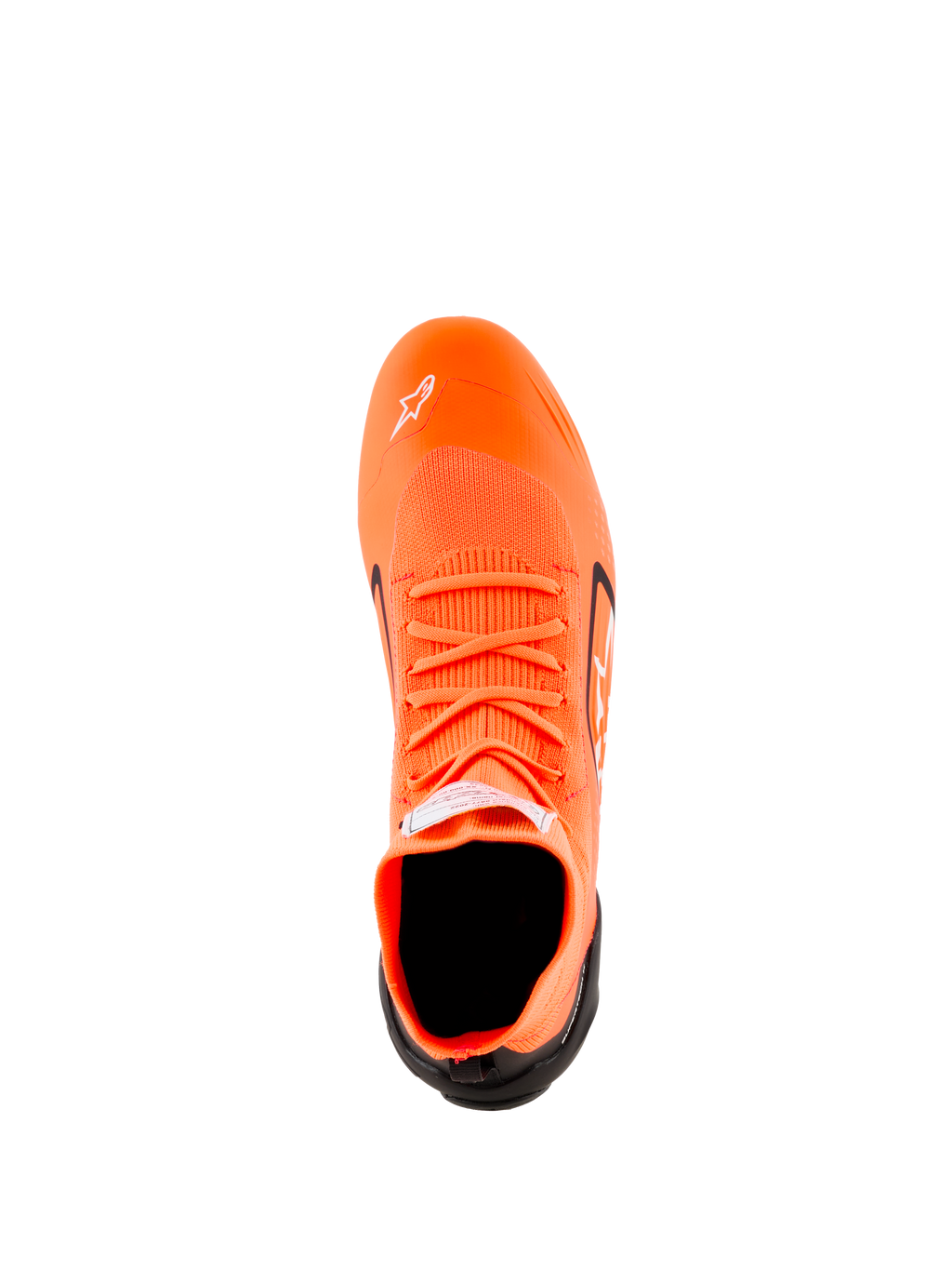 Alpinestars Supertech K-sko - FIA, karting-sko, fluoriserende orange, sort og hvid, set oppefra, der viser den strikkede overdel, orange snørebånd, hvidt Astars-logo på tåen og sort hælkappe