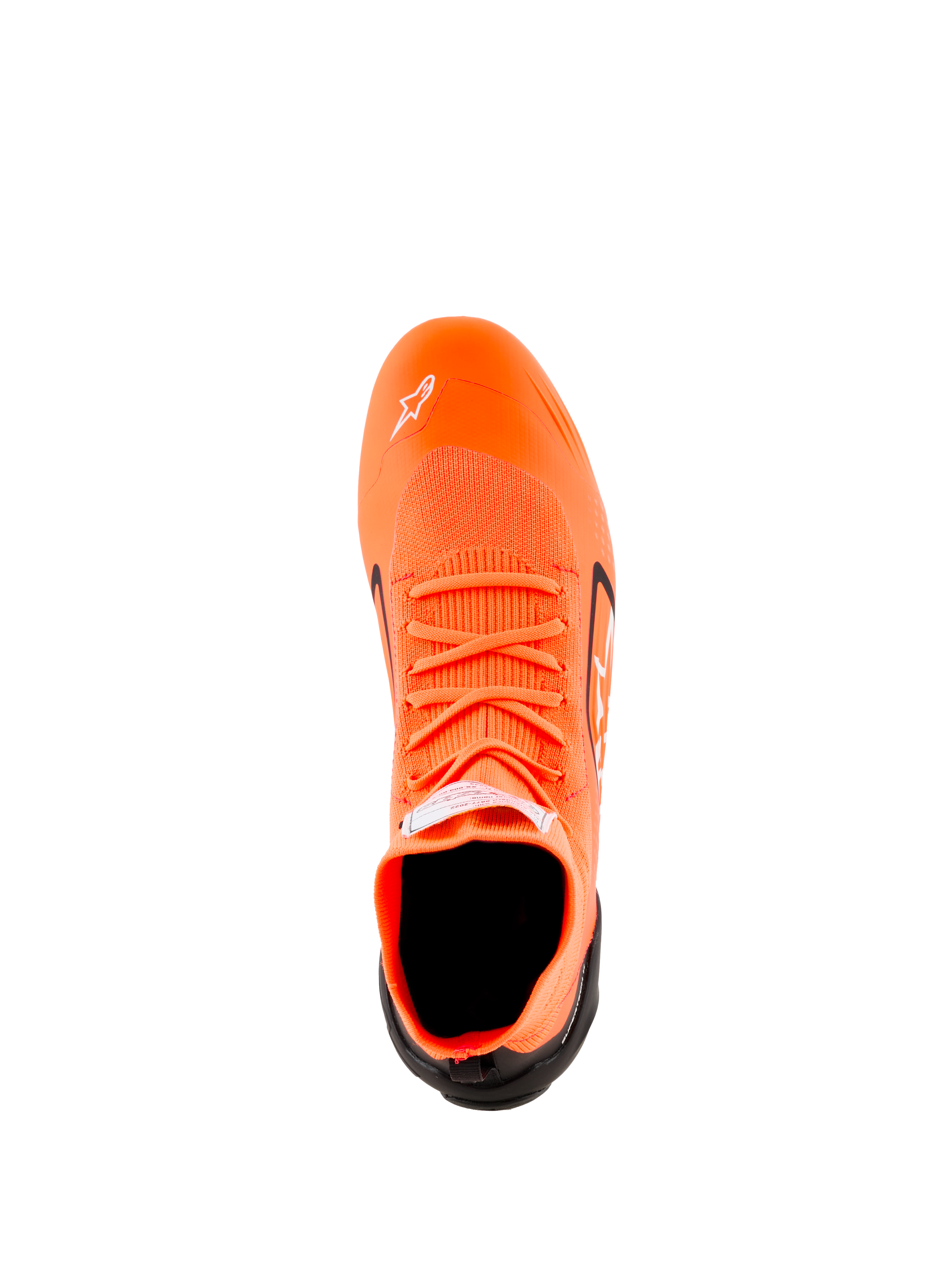 Alpinestars Supertech K-sko - FIA, karting-sko, fluoriserende orange, sort og hvid, set oppefra, der viser den strikkede overdel, orange snørebånd, hvidt Astars-logo på tåen og sort hælkappe