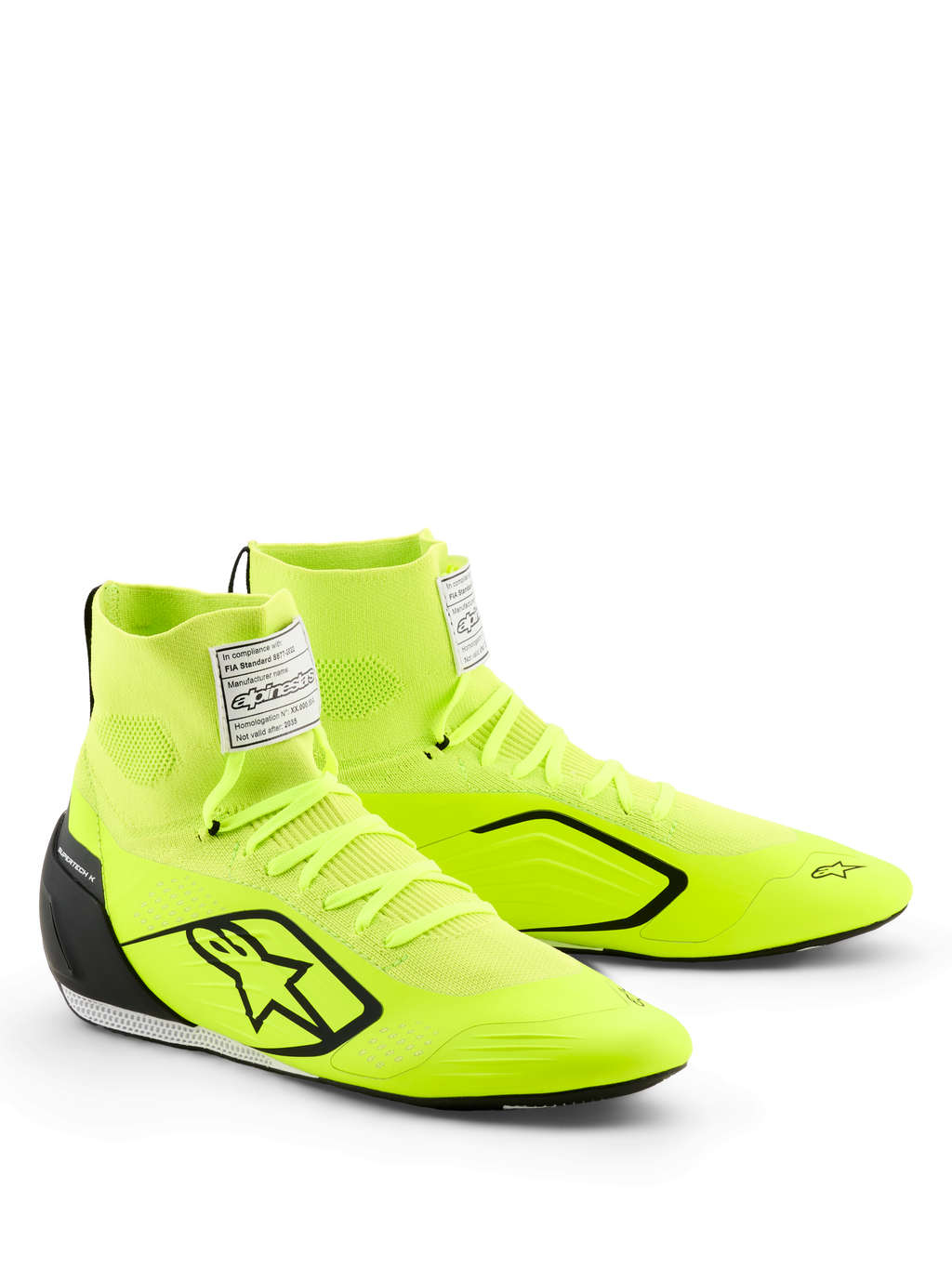 Alpinestars Supertech K-sko, karting-sko, neongul, sort og hvid, med en klar neongul strikket overdel, sort stjernelogo, indsprøjtet TPU-hælkappe, hvidt FIA-mærke på pløsen og strømlinet motorsport-design