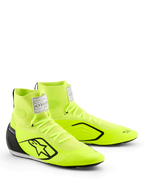 Alpinestars Supertech K-sko, karting-sko, neongul, sort og hvid, med en klar neongul strikket overdel, sort stjernelogo, indsprøjtet TPU-hælkappe, hvidt FIA-mærke på pløsen og strømlinet motorsport-design