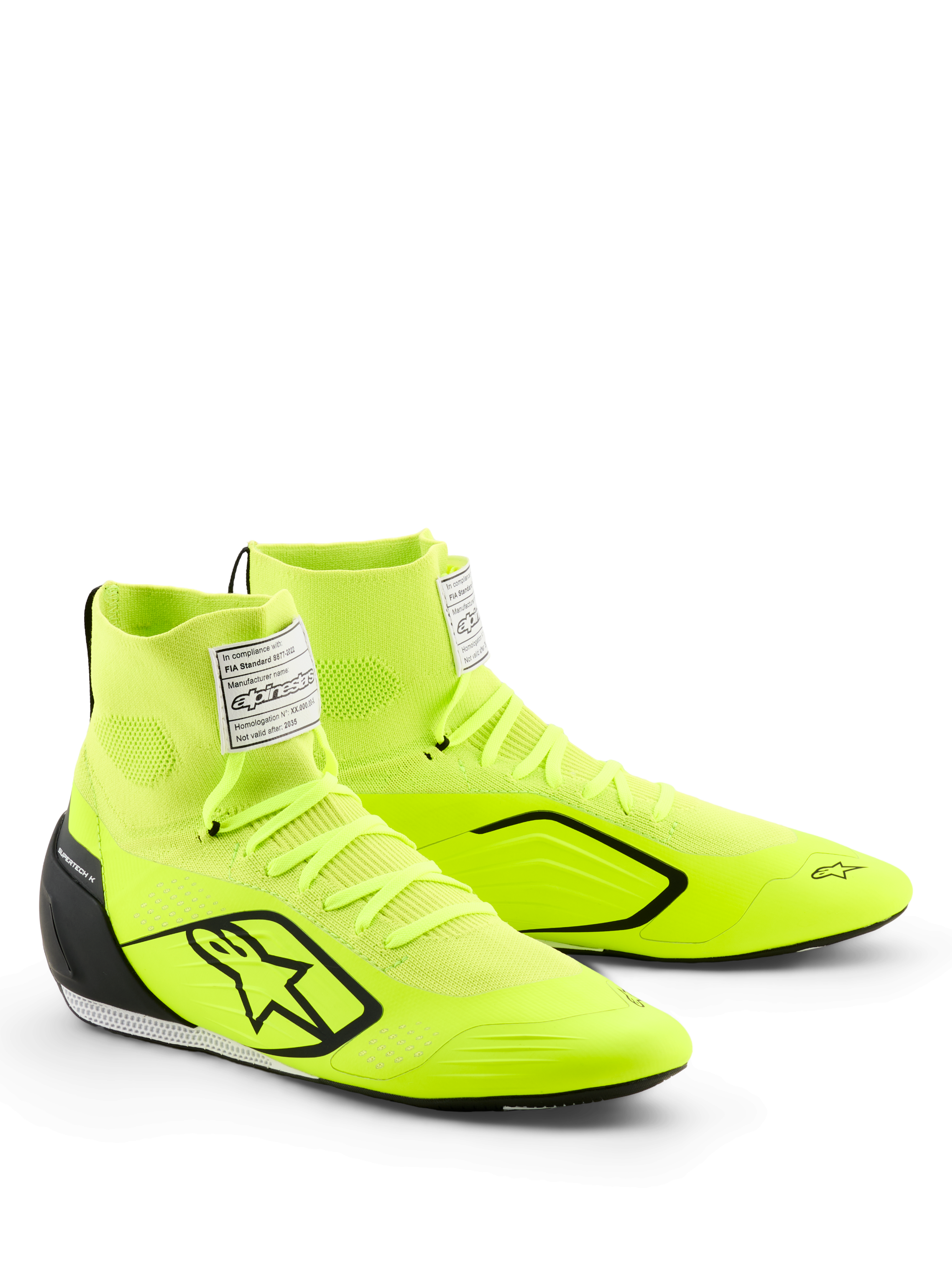 Alpinestars Supertech K-sko, karting-sko, neongul, sort og hvid, med en klar neongul strikket overdel, sort stjernelogo, indsprøjtet TPU-hælkappe, hvidt FIA-mærke på pløsen og strømlinet motorsport-design