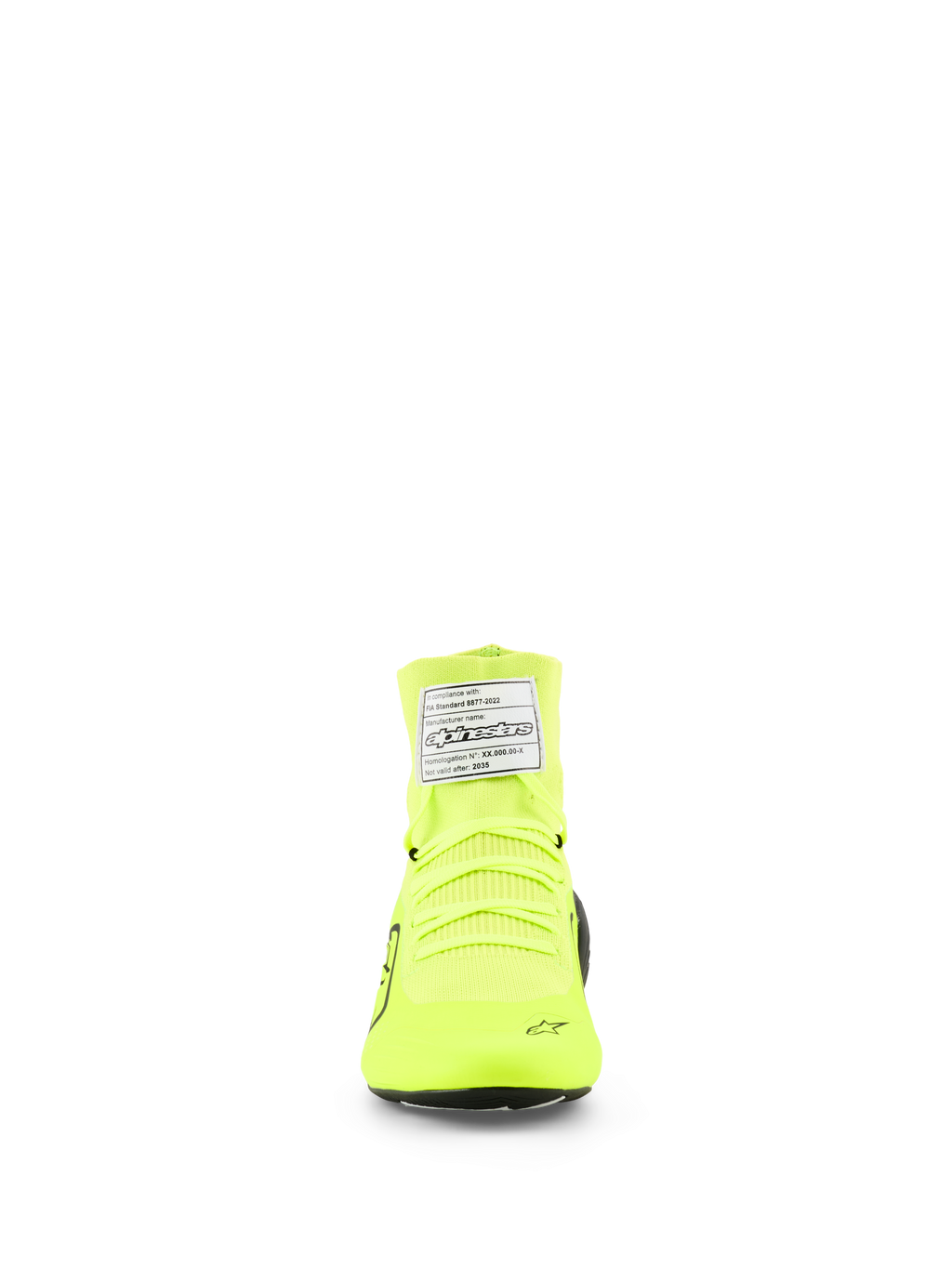 Alpinestars Supertech K-sko, FIA-kartingsko, Yellow Fluo Black White, set forfra med strikket overdel, neongule snørebånd og hvidt FIA-certificeringsmærke på anklen