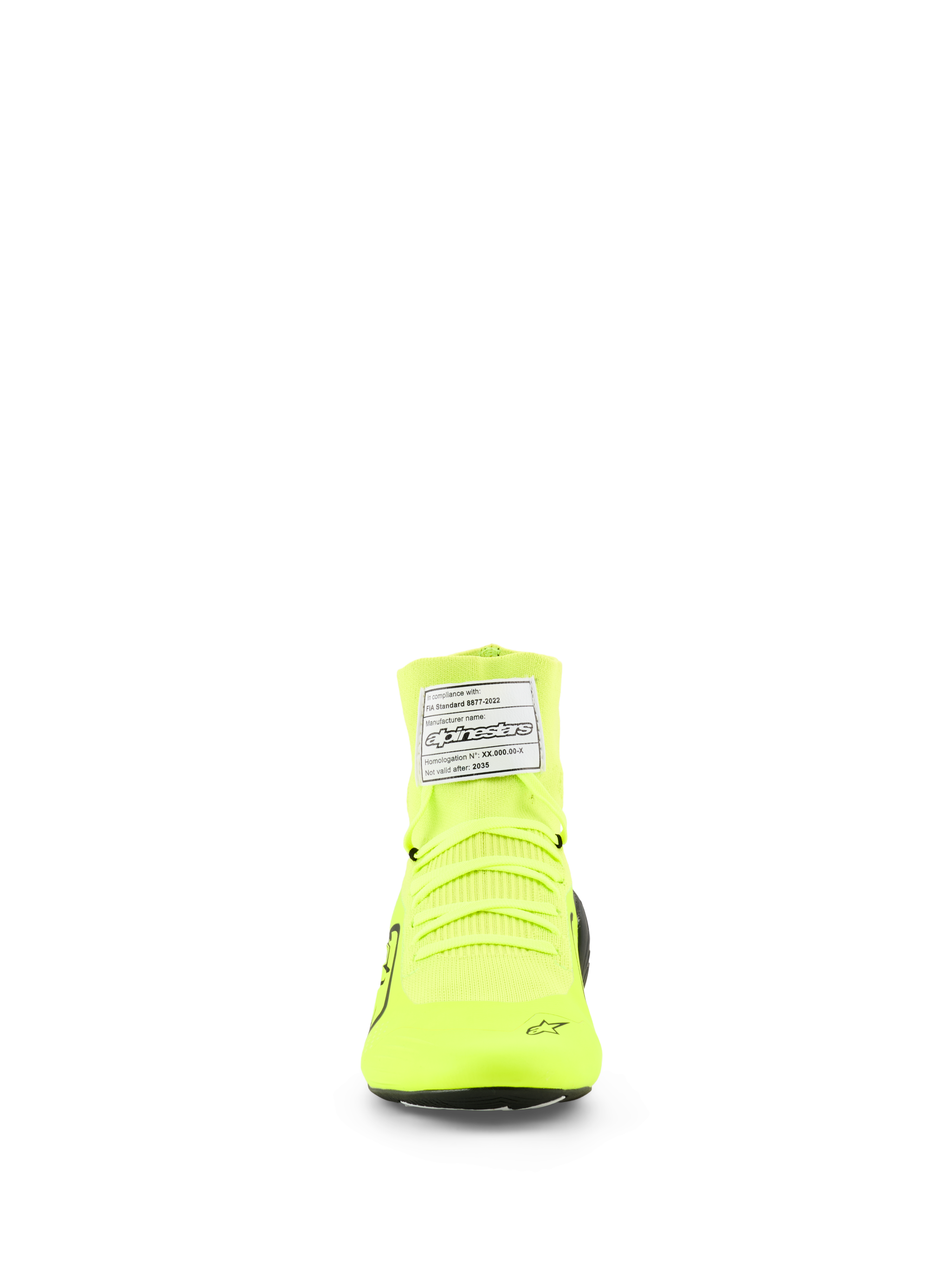Alpinestars Supertech K-sko, FIA-kartingsko, Yellow Fluo Black White, set forfra med strikket overdel, neongule snørebånd og hvidt FIA-certificeringsmærke på anklen