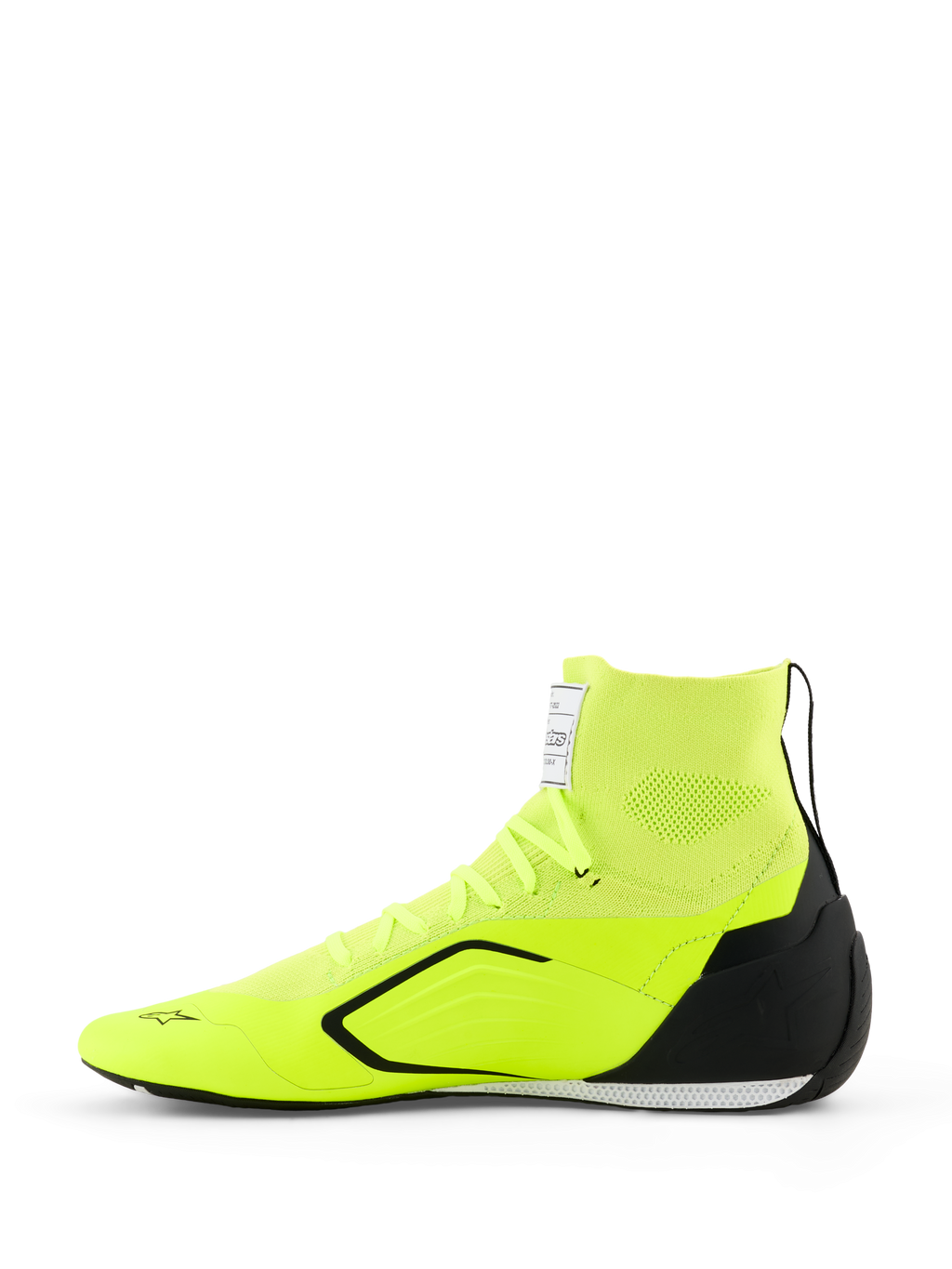 Alpinestars Supertech K-sko - FIA, gokart-sko, fluorescerende gul, sort og hvid, set fra siden med en fuldt strikket overdel og en sok-lignende krave, sort TPU-hælkappe, tynd hvid og sort ydersål og Alpinestars-branding på tåen og pløsen