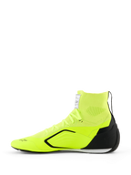 Alpinestars Supertech K-sko - FIA, gokart-sko, fluorescerende gul, sort og hvid, set fra siden med en fuldt strikket overdel og en sok-lignende krave, sort TPU-hælkappe, tynd hvid og sort ydersål og Alpinestars-branding på tåen og pløsen