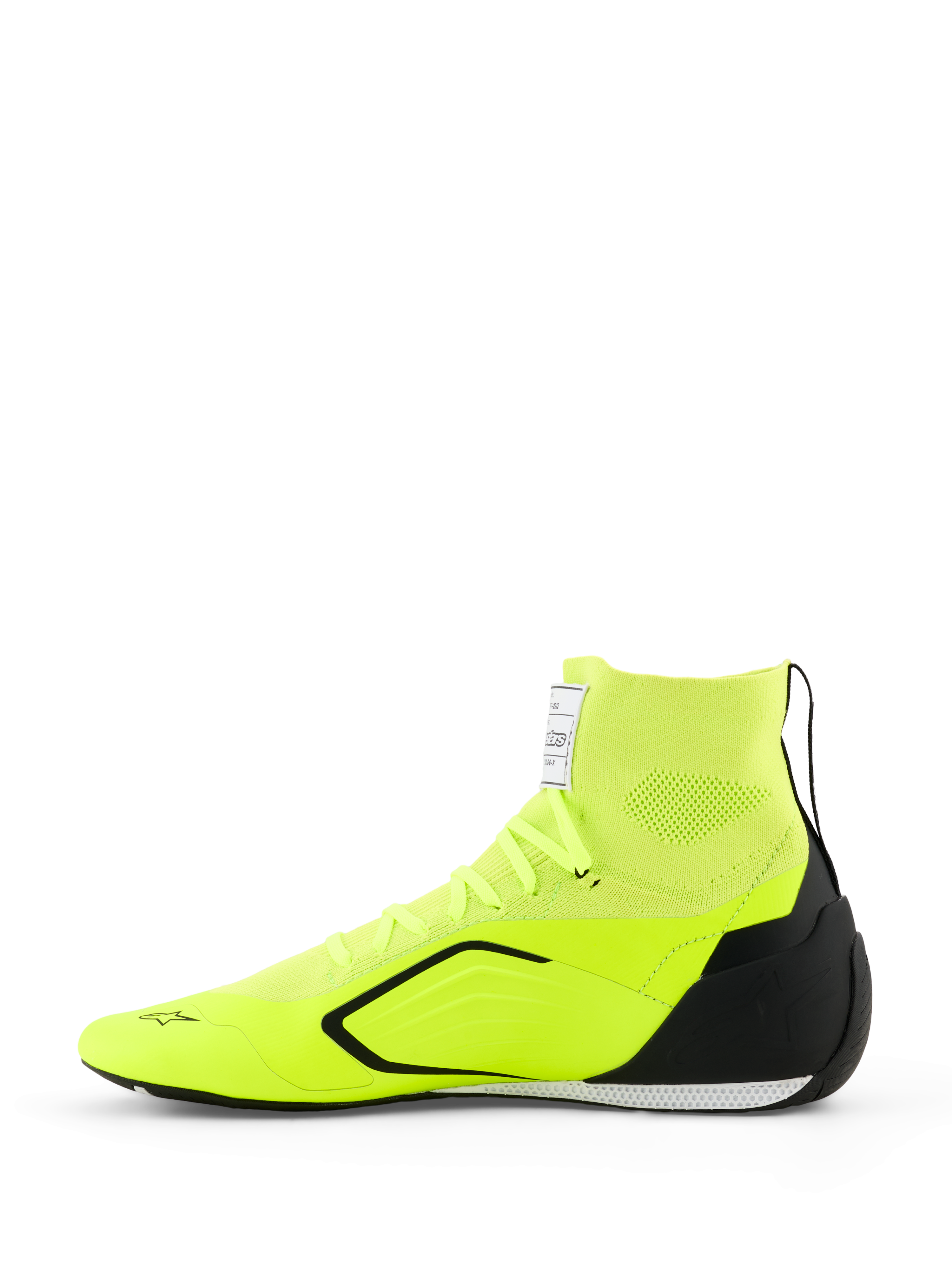 Alpinestars Supertech K-sko - FIA, gokart-sko, fluorescerende gul, sort og hvid, set fra siden med en fuldt strikket overdel og en sok-lignende krave, sort TPU-hælkappe, tynd hvid og sort ydersål og Alpinestars-branding på tåen og pløsen