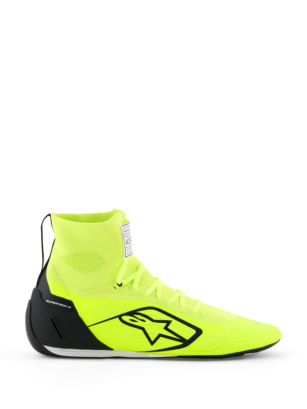 Alpinestars Supertech K-sko - FIA, kartingsko, gul fluo og sort, sideprofil, fuldt strikket overdel med høj ankelkrave, sort TPU-hælkappe, stort sort Alpinestars-logo, letvægts racingsko