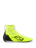 Alpinestars Supertech K-sko - FIA, kartingsko, gul fluo og sort, sideprofil, fuldt strikket overdel med høj ankelkrave, sort TPU-hælkappe, stort sort Alpinestars-logo, letvægts racingsko