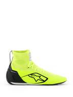 Alpinestars Supertech K-sko - FIA, kartingsko, gul fluo og sort, sideprofil, fuldt strikket overdel med høj ankelkrave, sort TPU-hælkappe, stort sort Alpinestars-logo, letvægts racingsko