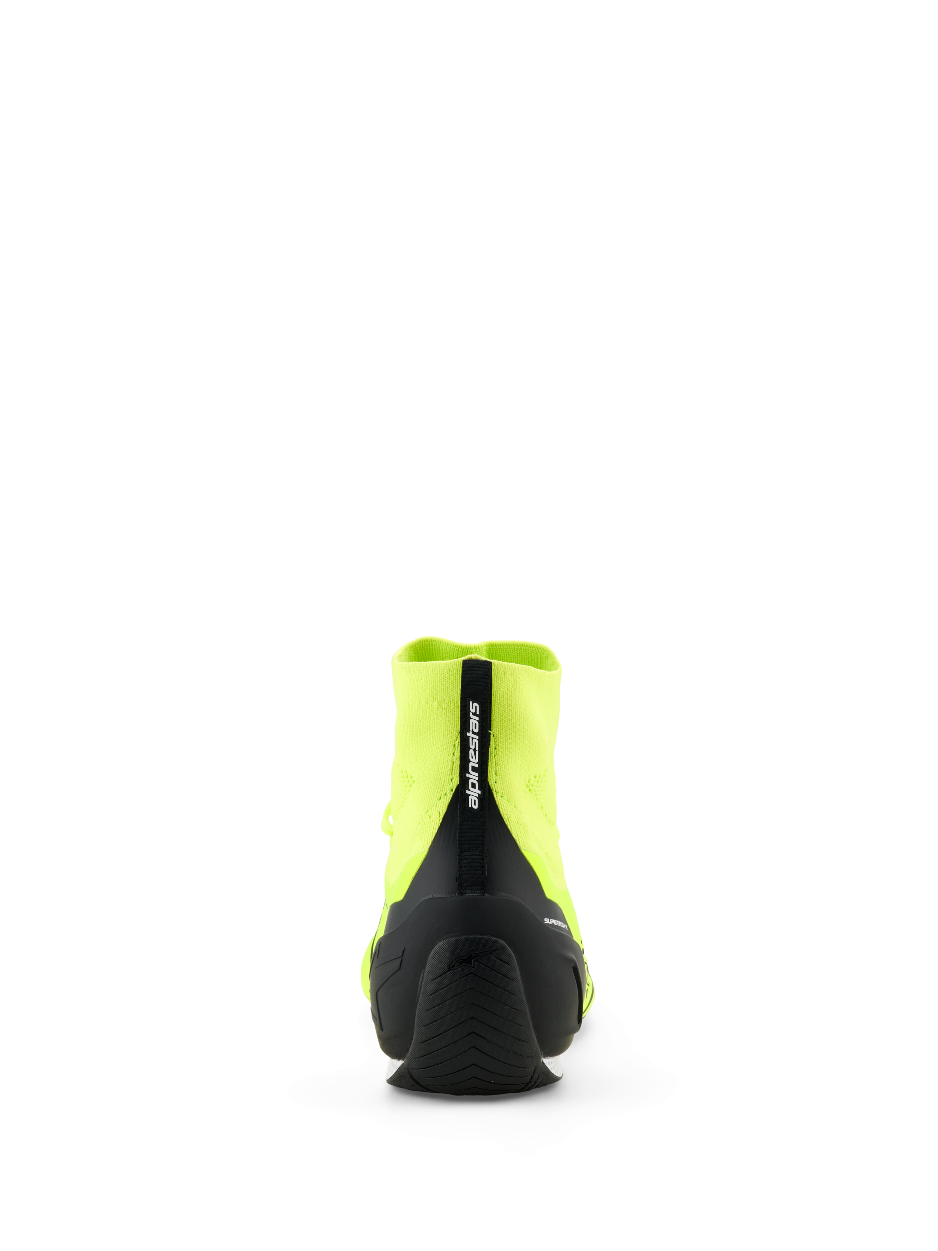 Alpinestars Supertech K-sko - FIA, karting-køresko, gul fluo og sort, set bagfra med sort sprøjtestøbt TPU-hælkappe og trækstrop med Alpinestars-logo, strikket overdel, tynd gummisål designet til racing-performance.