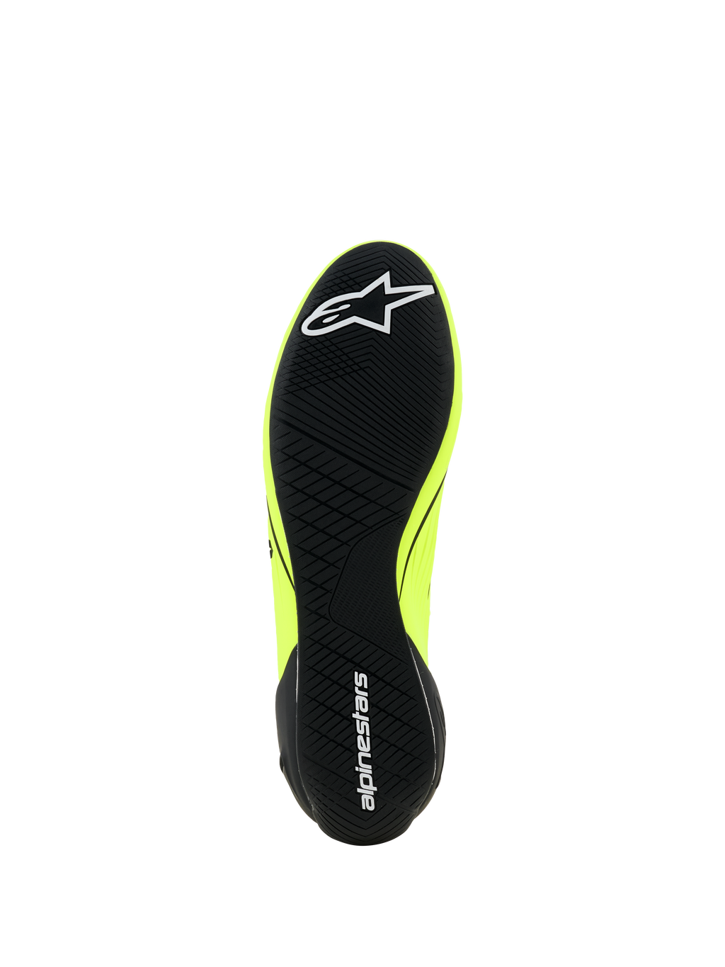 Alpinestars Supertech K-sko - FIA, kartingsko, gul fluo, sort og hvid, visning af ydersålen med sort asymmetrisk slidmønster, hvidt stjernelogo på forfoden og Alpinestars-tekst på hælen, tynd gummisål for pedalfølsomhed