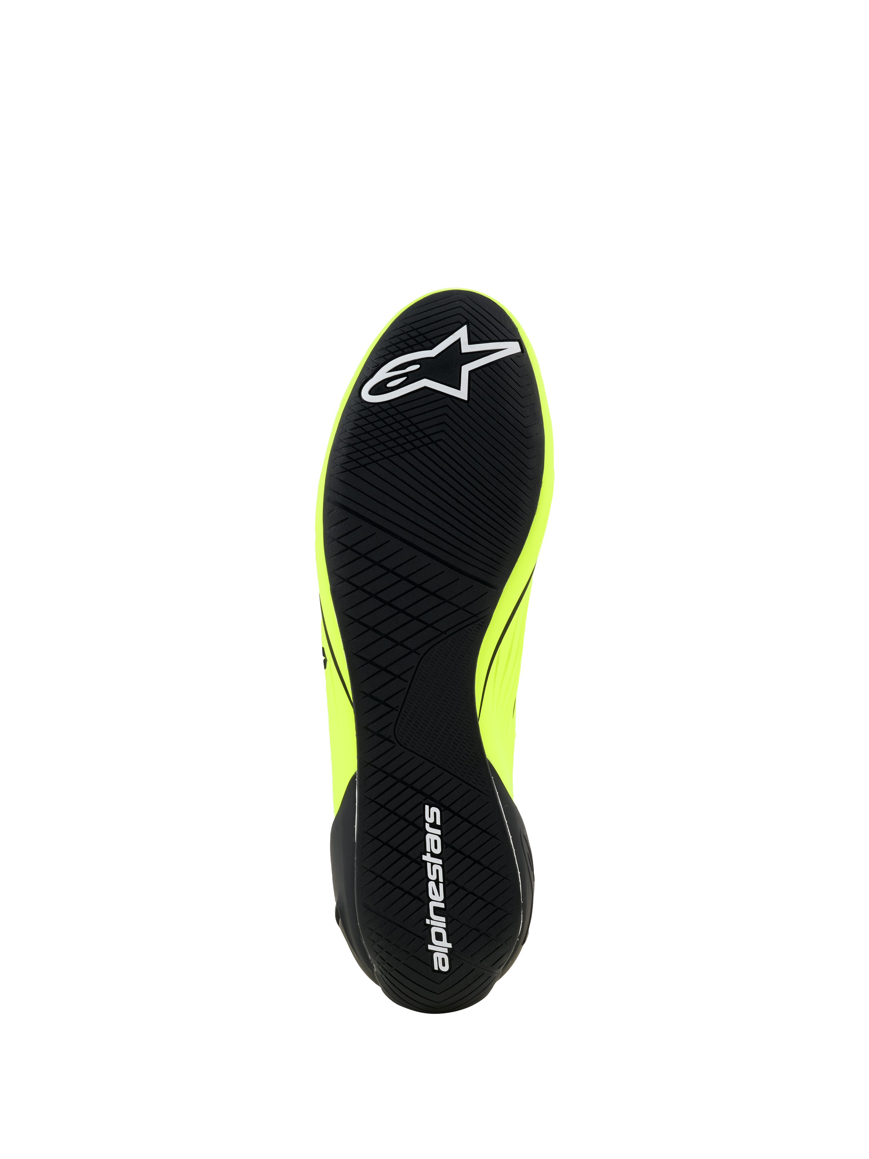 Alpinestars Supertech K-sko - FIA, kartingsko, gul fluo, sort og hvid, visning af ydersålen med sort asymmetrisk slidmønster, hvidt stjernelogo på forfoden og Alpinestars-tekst på hælen, tynd gummisål for pedalfølsomhed