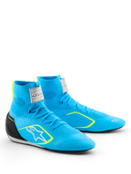 Alpinestars Supertech K-sko - FIA, kartingsko, lyseblå med sorte og yellow fluo-detaljer, høj strikket overdel, hvidt Astars-logo på siden, sort TPU-hælkappe, professionelt motorsportfodtøj