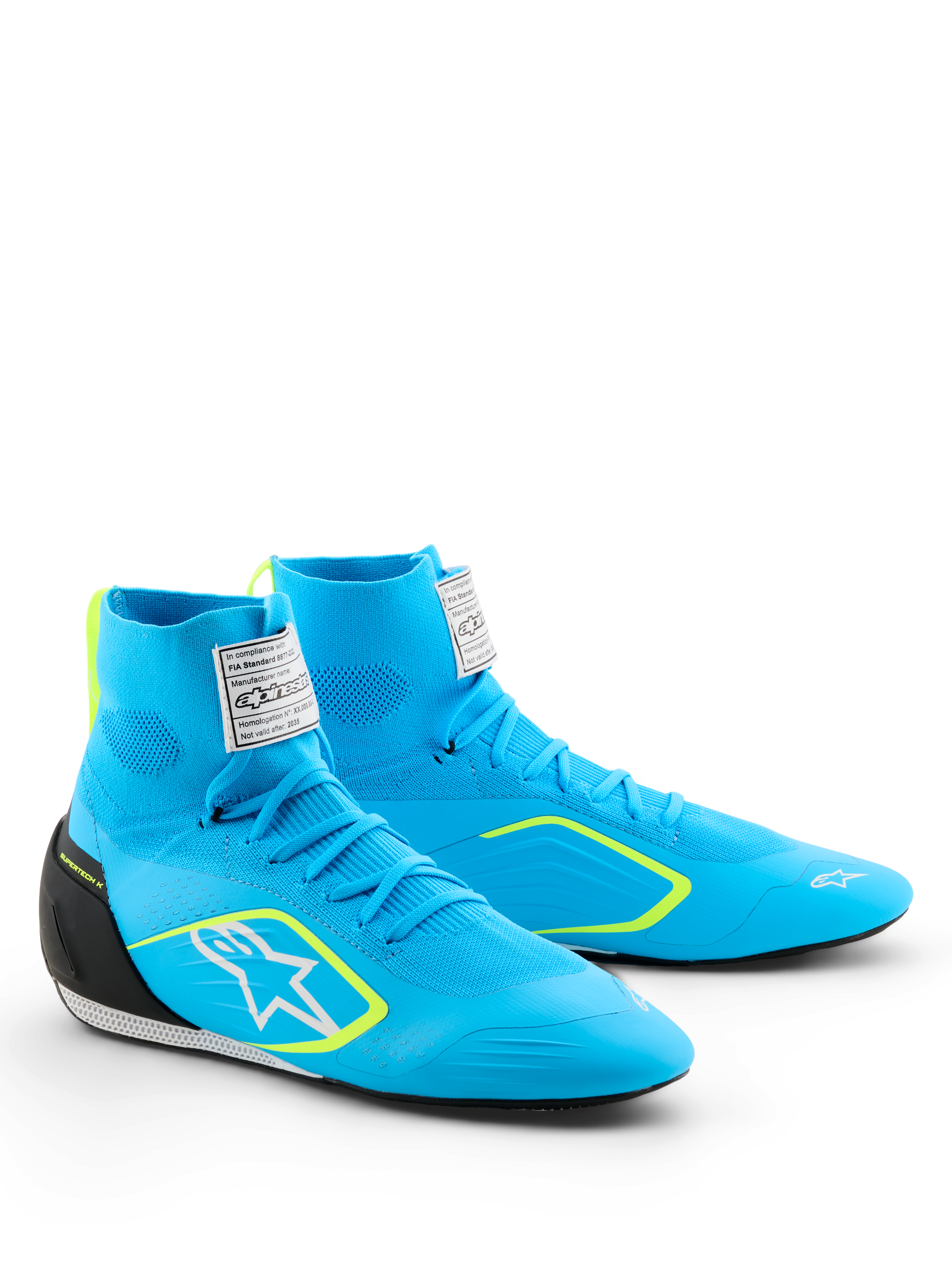 Alpinestars Supertech K-sko - FIA, kartingsko, lyseblå med sorte og yellow fluo-detaljer, høj strikket overdel, hvidt Astars-logo på siden, sort TPU-hælkappe, professionelt motorsportfodtøj