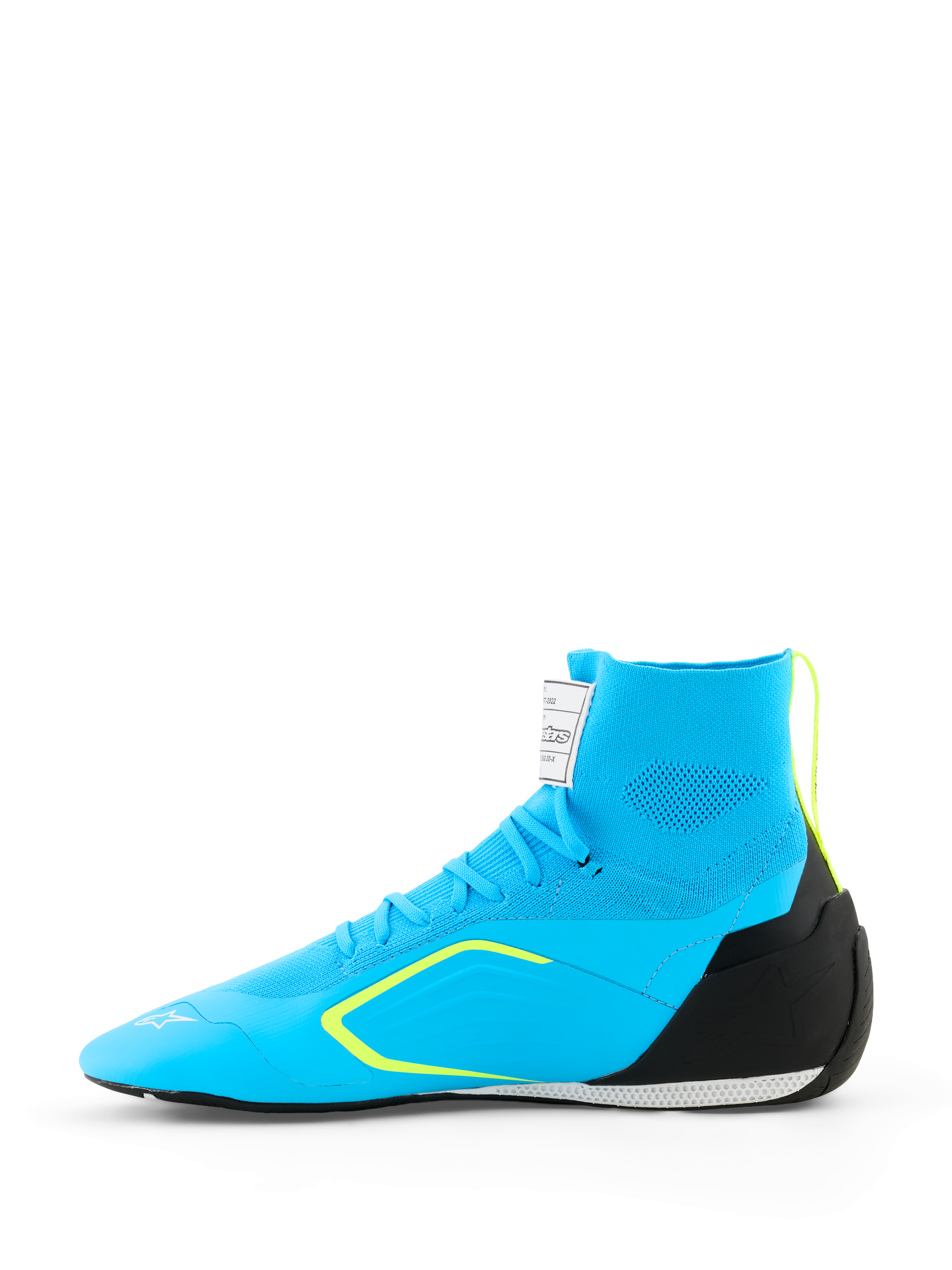 Alpinestars Supertech K-sko - FIA, karting-sko, lyseblå med sorte og fluoriserende gule detaljer, sidebillede med strikket overdel, TPU-hælkappe og tynd racingsål